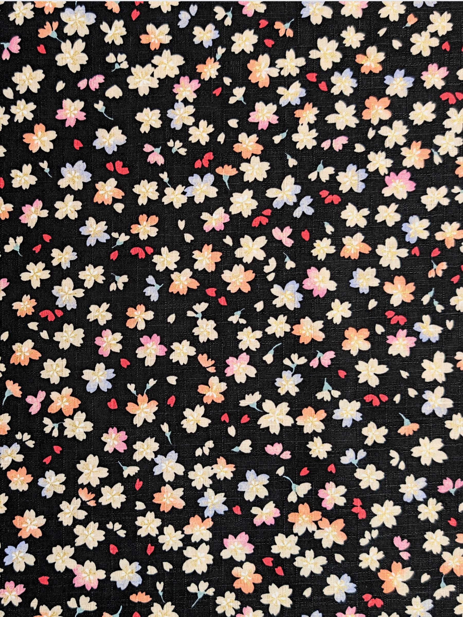 Hokkoh - Golden Watercolor Cherry Blossoms Cotton Dobby Fabric - Black