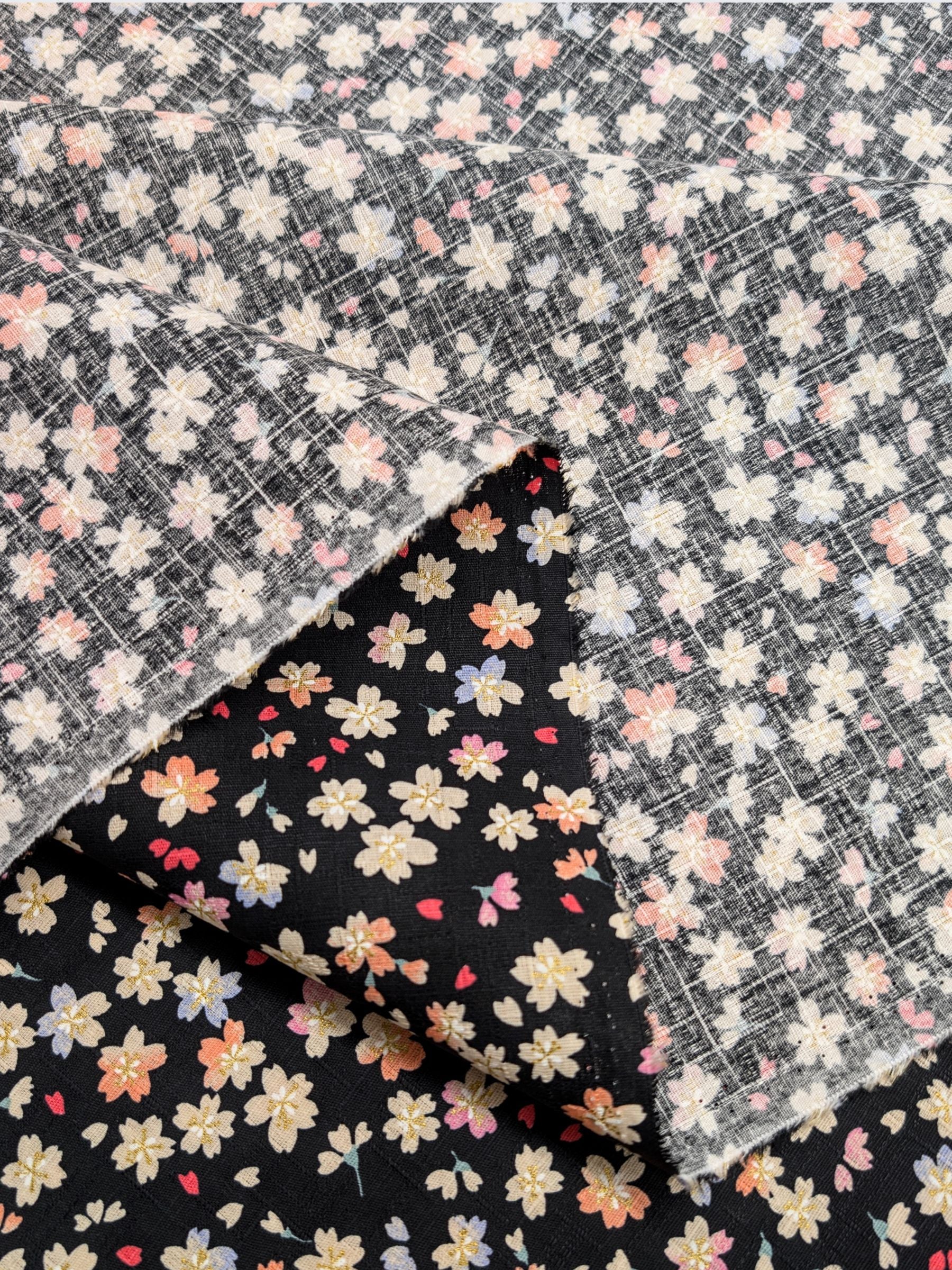 Hokkoh - Golden Watercolor Cherry Blossoms Cotton Dobby Fabric - Black