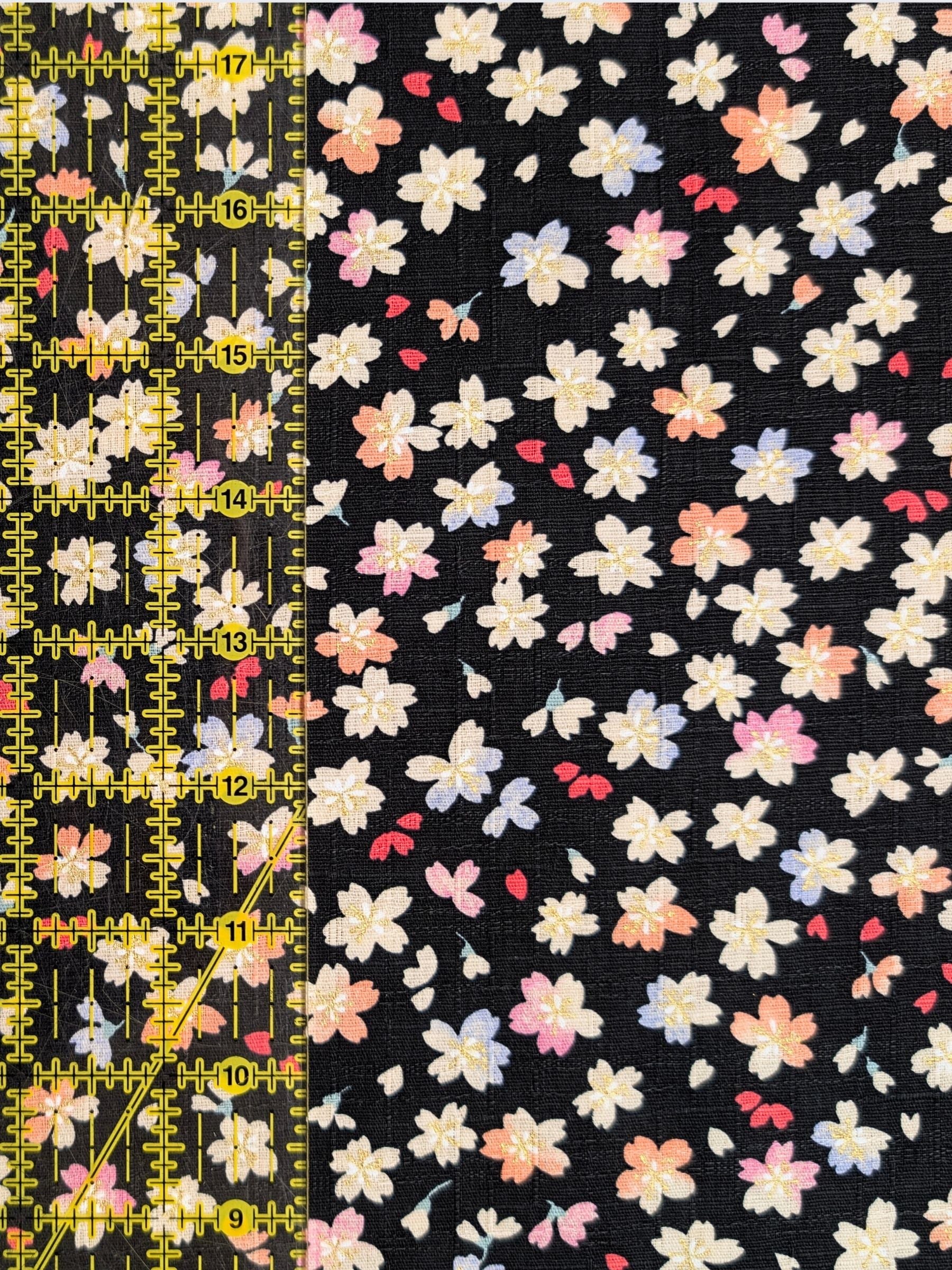 Hokkoh - Golden Watercolor Cherry Blossoms Cotton Dobby Fabric - Black