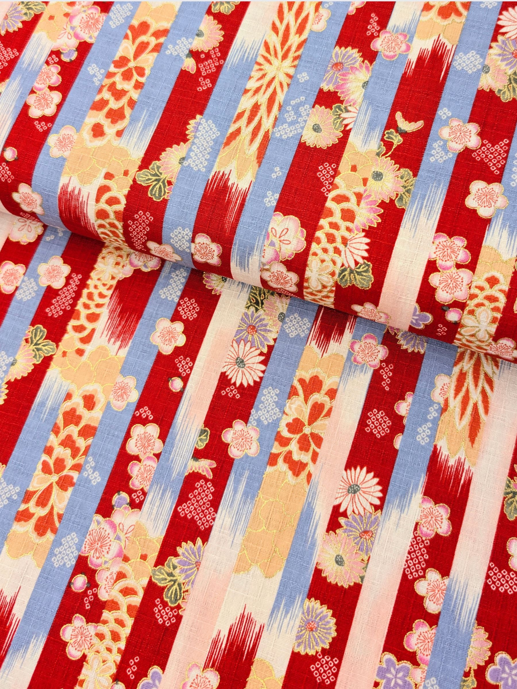 Hokkoh - Golden Wagara Stripe Cotton Dobby Fabric - Red & Blue