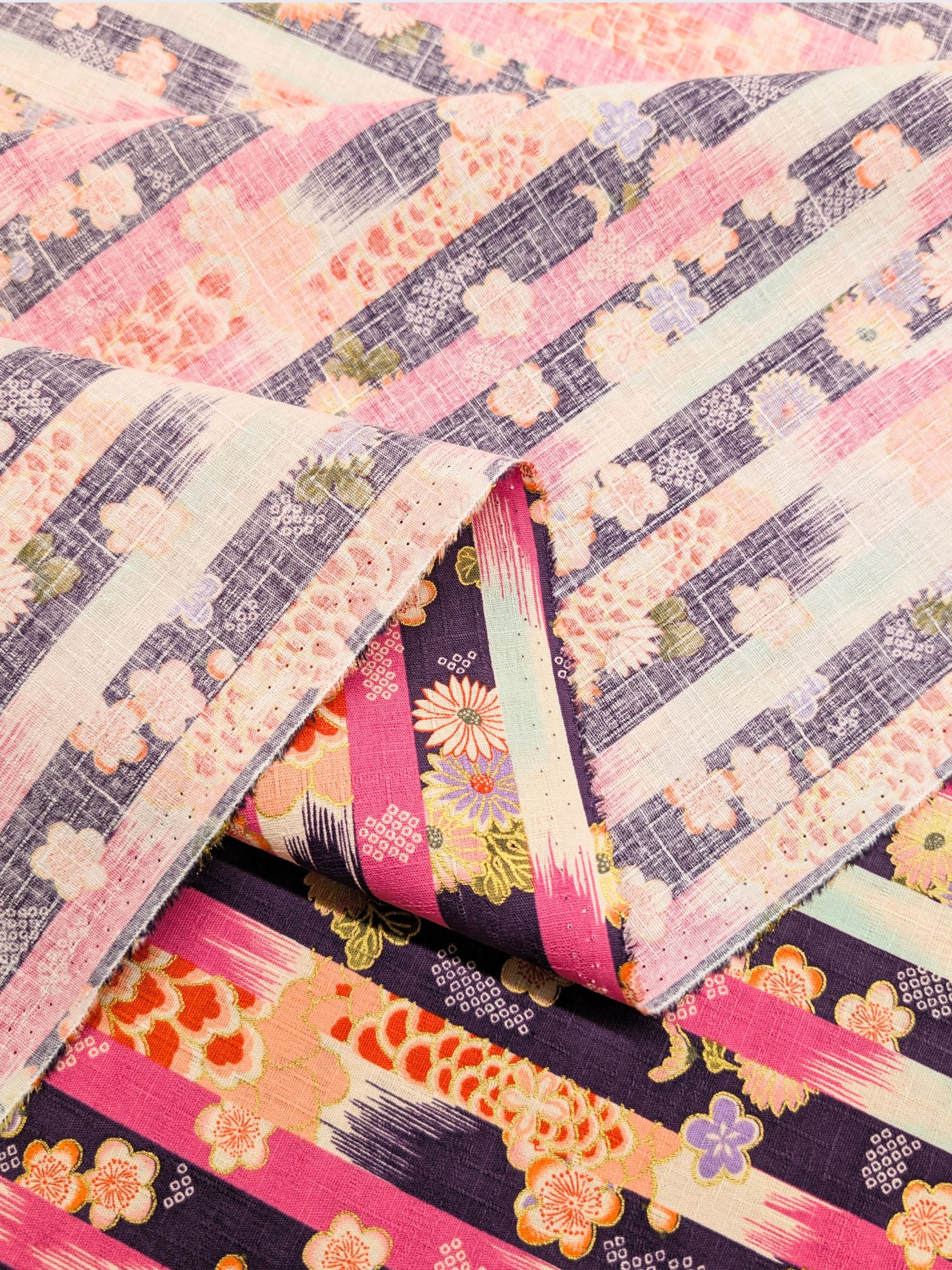 Hokkoh - Golden Wagara Stripe Cotton Dobby Fabric - Purple & Pink