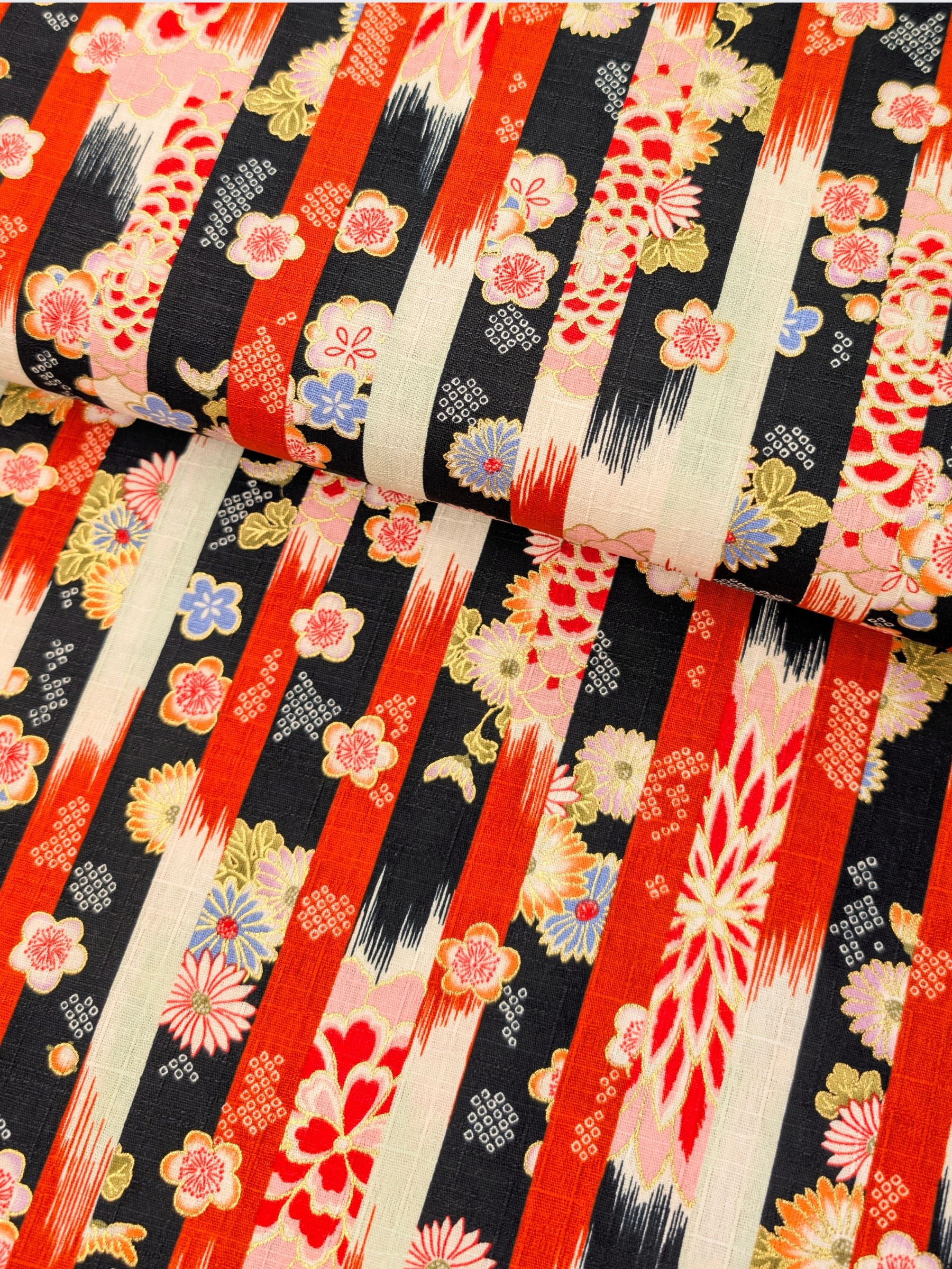 Hokkoh - Golden Wagara Stripe Cotton Dobby Fabric - Black & Red