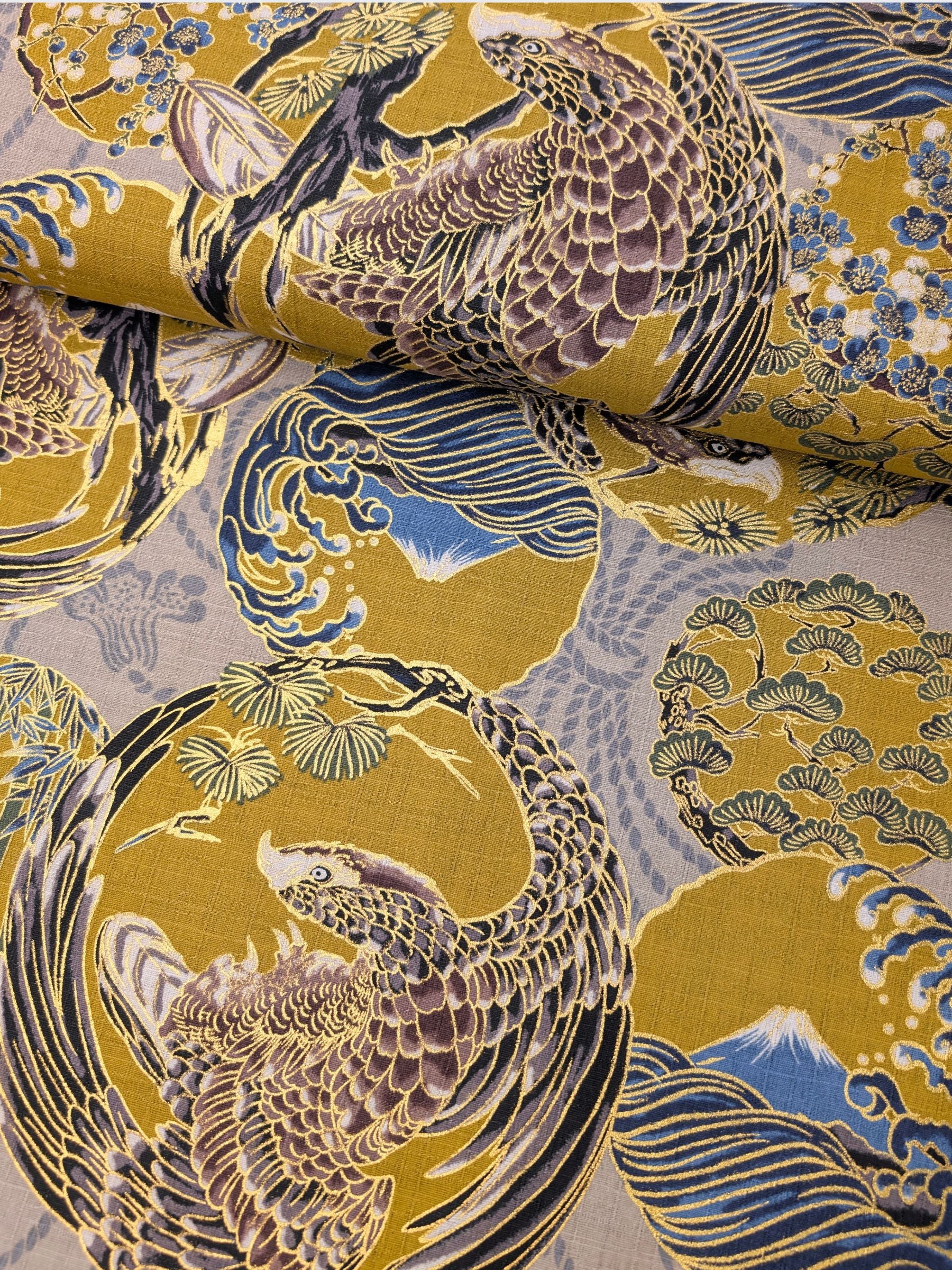 Hokkoh - Golden Circling Hawks Cotton Dobby Fabric - Gray & Yellow