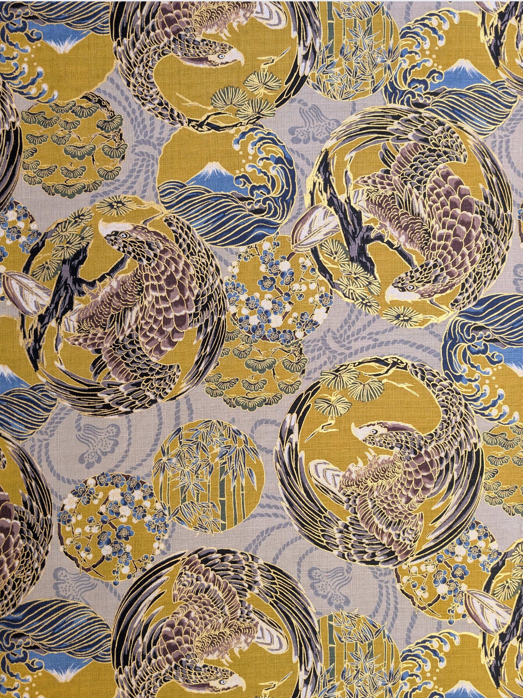 Hokkoh - Golden Circling Hawks Cotton Dobby Fabric - Gray & Yellow