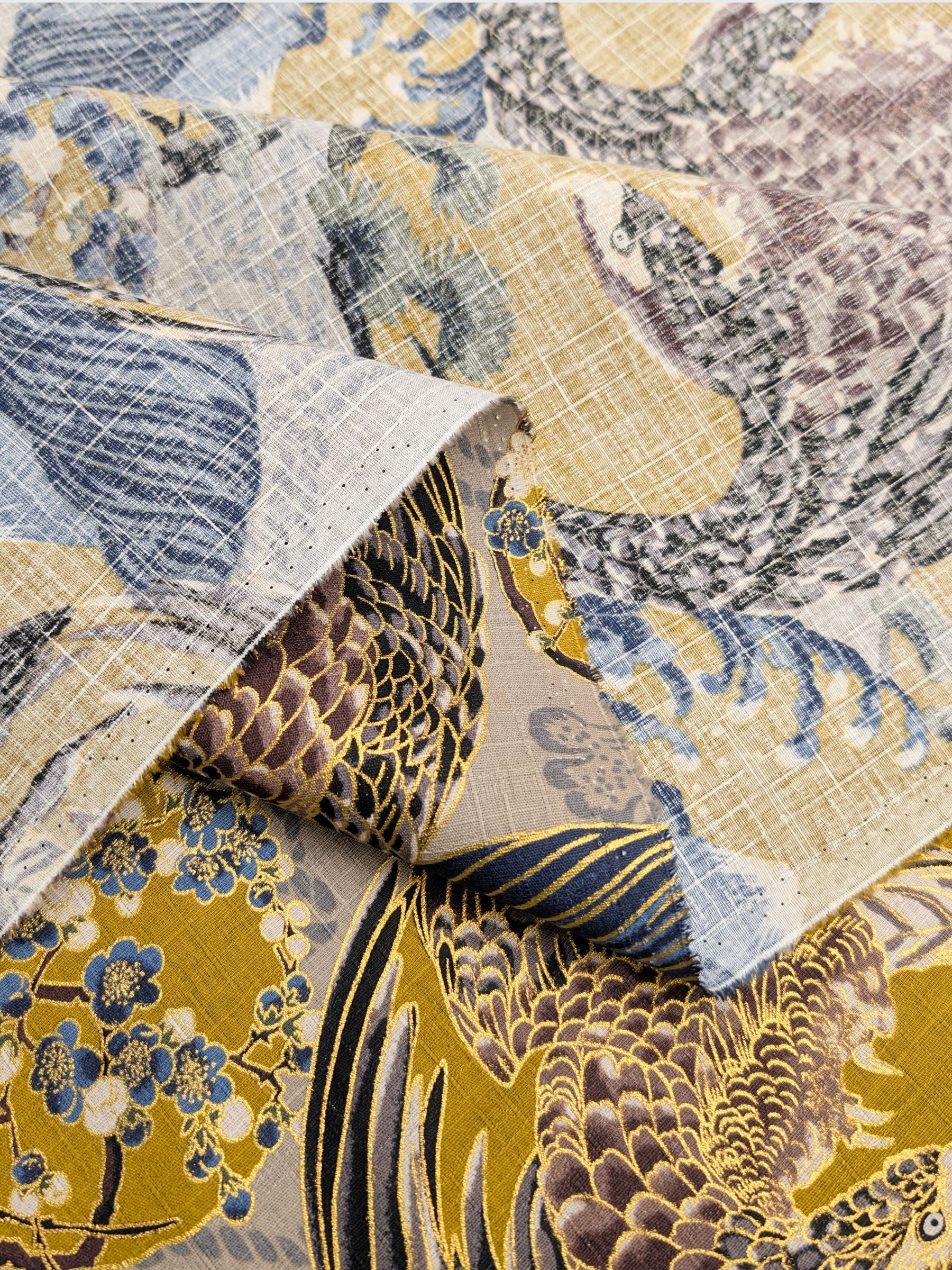 Hokkoh - Golden Circling Hawks Cotton Dobby Fabric - Gray & Yellow