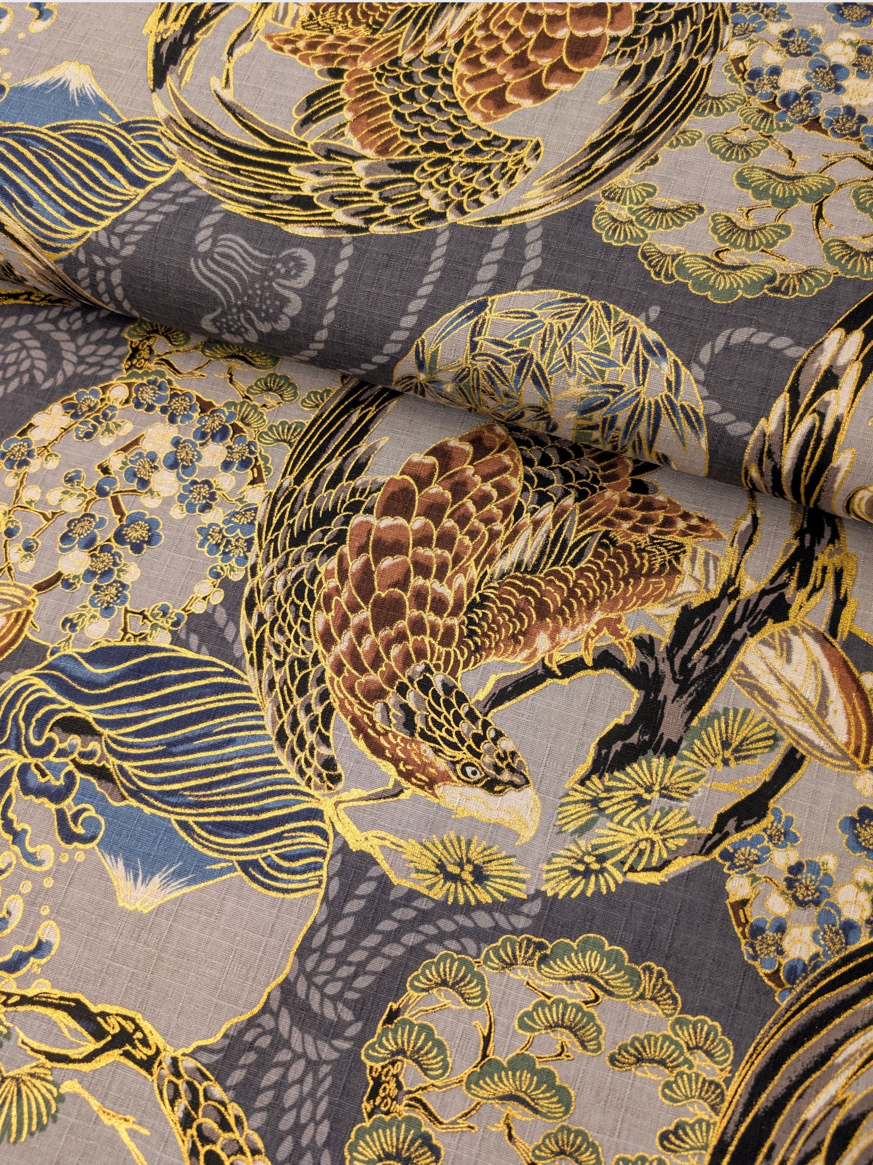 Hokkoh - Golden Circling Hawks Cotton Dobby Fabric - Gray & Brown