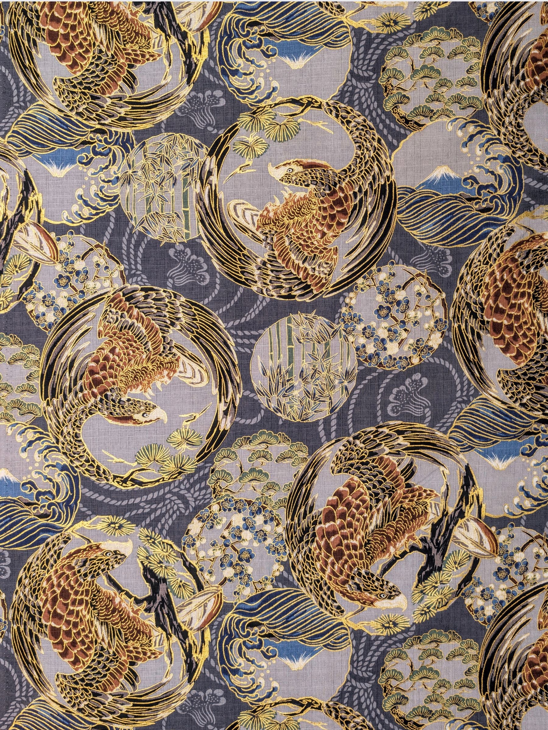 Hokkoh - Golden Circling Hawks Cotton Dobby Fabric - Gray & Brown