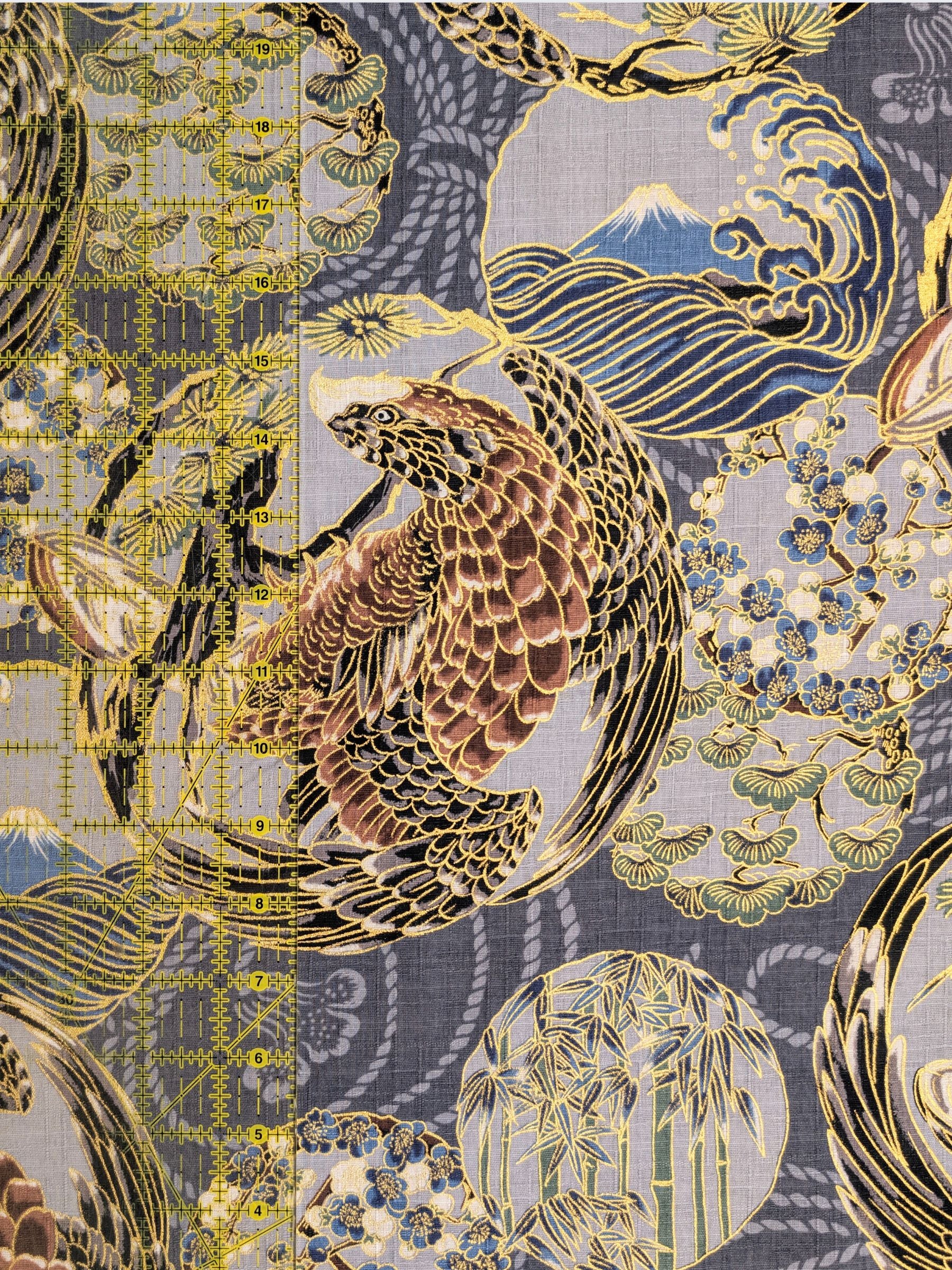 Hokkoh - Golden Circling Hawks Cotton Dobby Fabric - Gray & Brown
