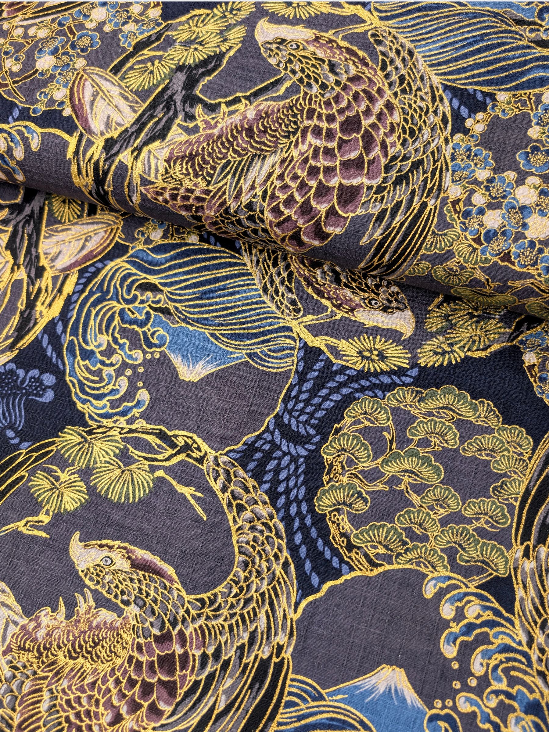 Hokkoh - Golden Circling Hawks Cotton Dobby Fabric - Blue & Gray