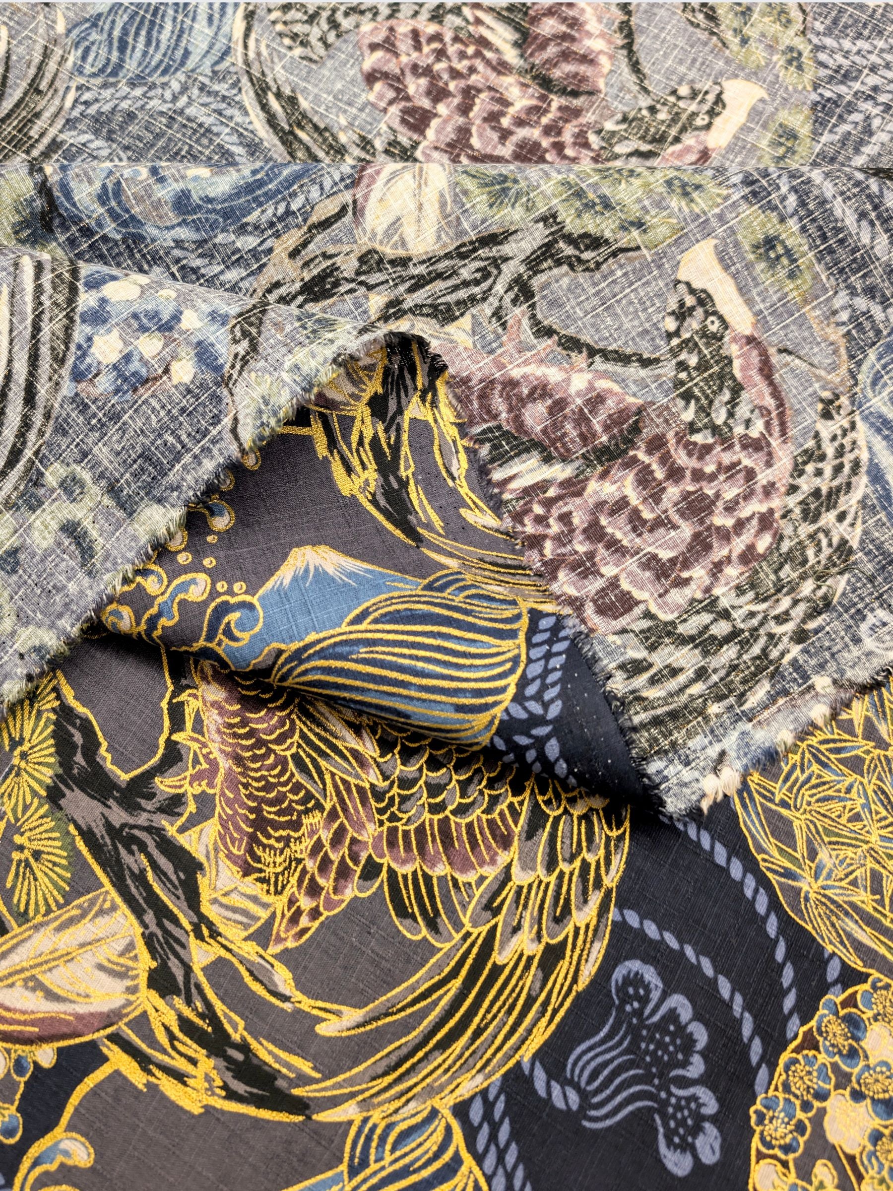 Hokkoh - Golden Circling Hawks Cotton Dobby Fabric - Blue & Gray