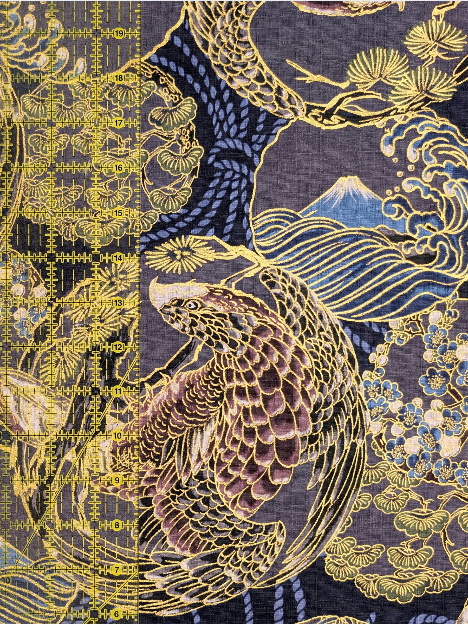Hokkoh - Golden Circling Hawks Cotton Dobby Fabric - Blue & Gray