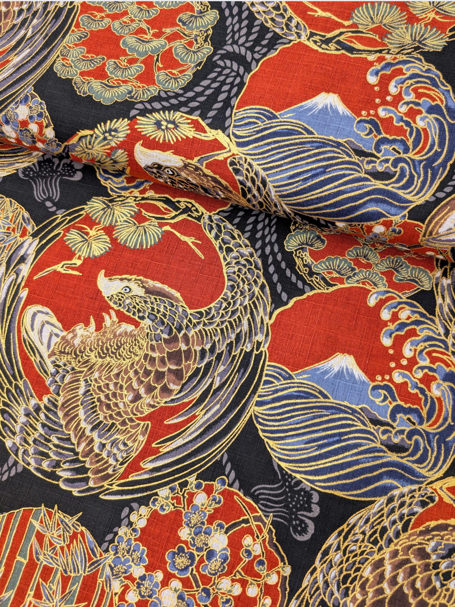 Hokkoh - Golden Circling Hawks Cotton Dobby Fabric - Black & Red