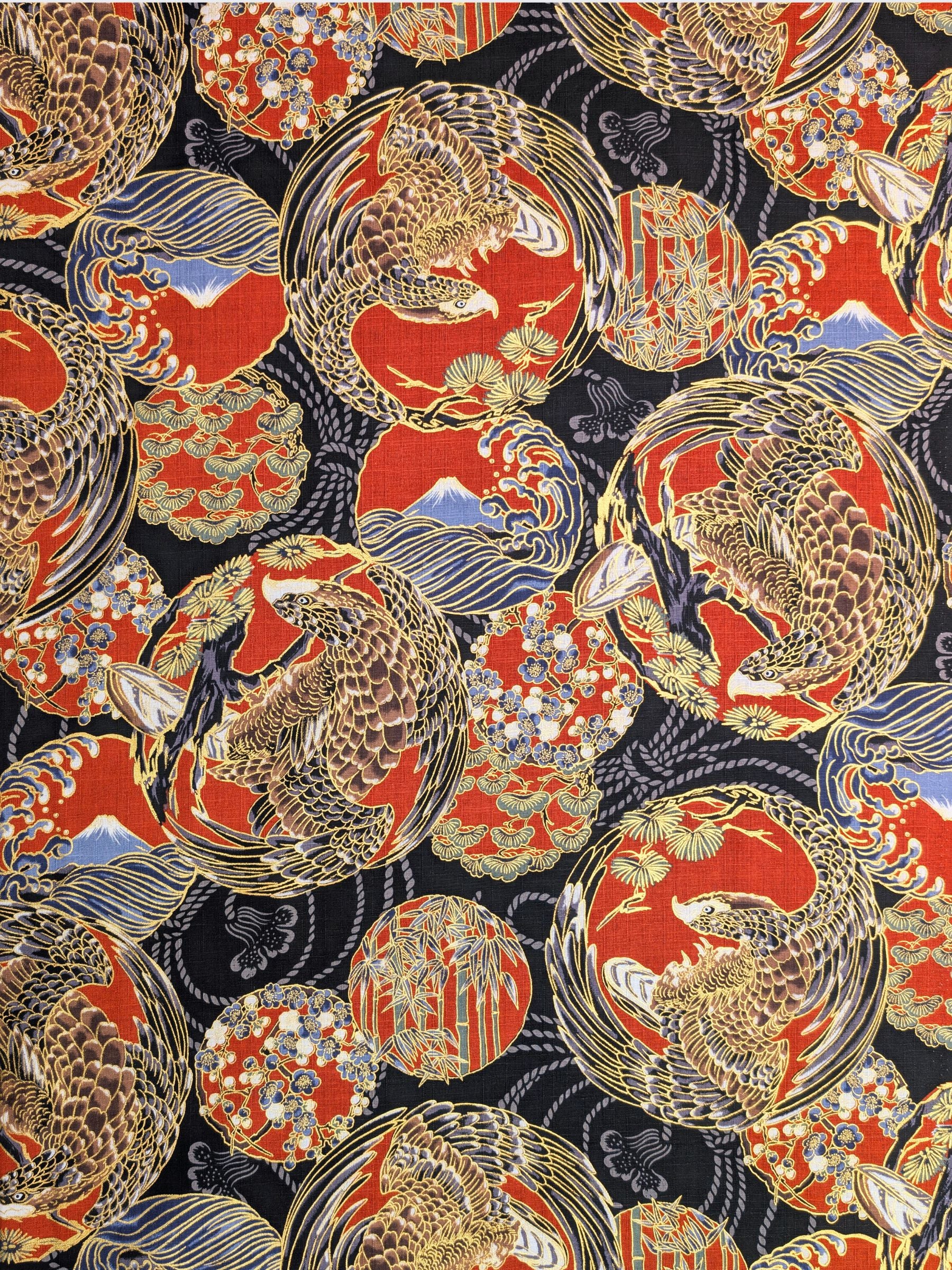 Hokkoh - Golden Circling Hawks Cotton Dobby Fabric - Black & Red