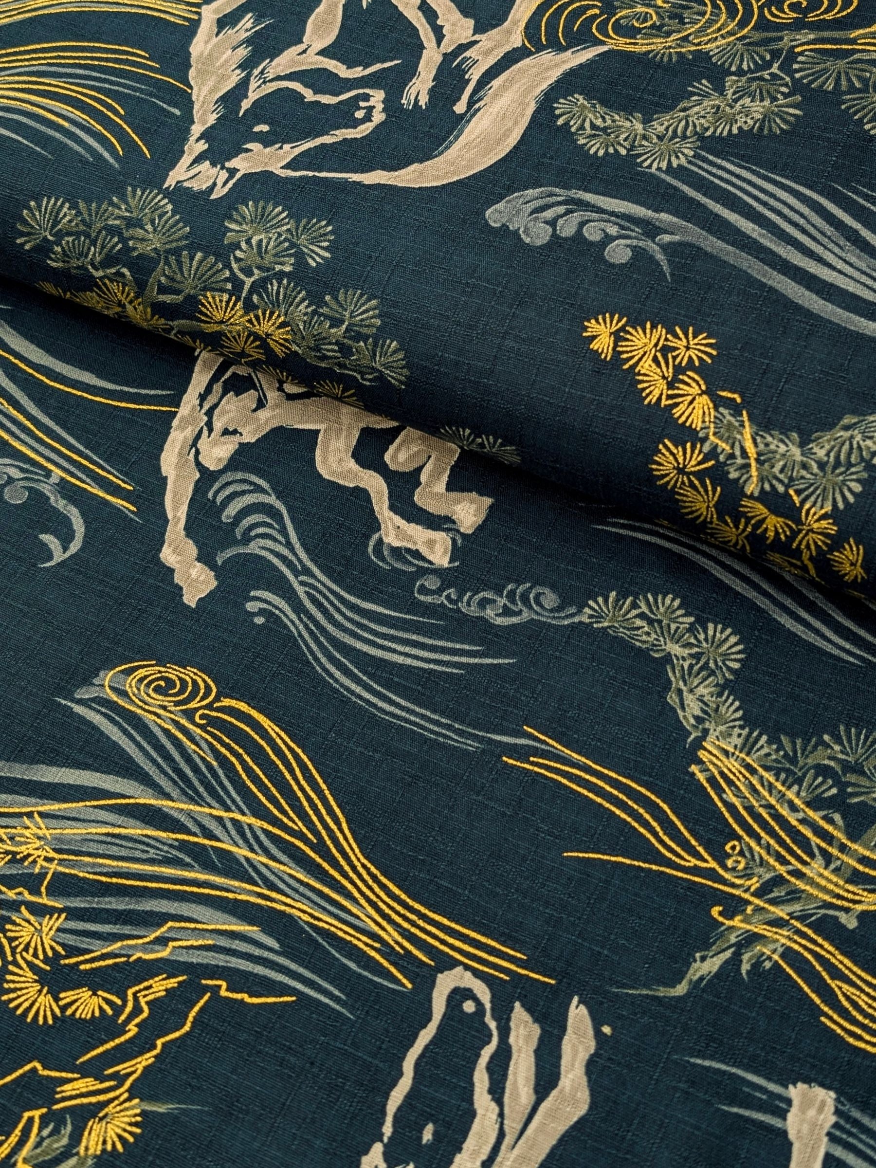 Hokkoh - Traditional Horses Cotton Dobby Fabric - Teal