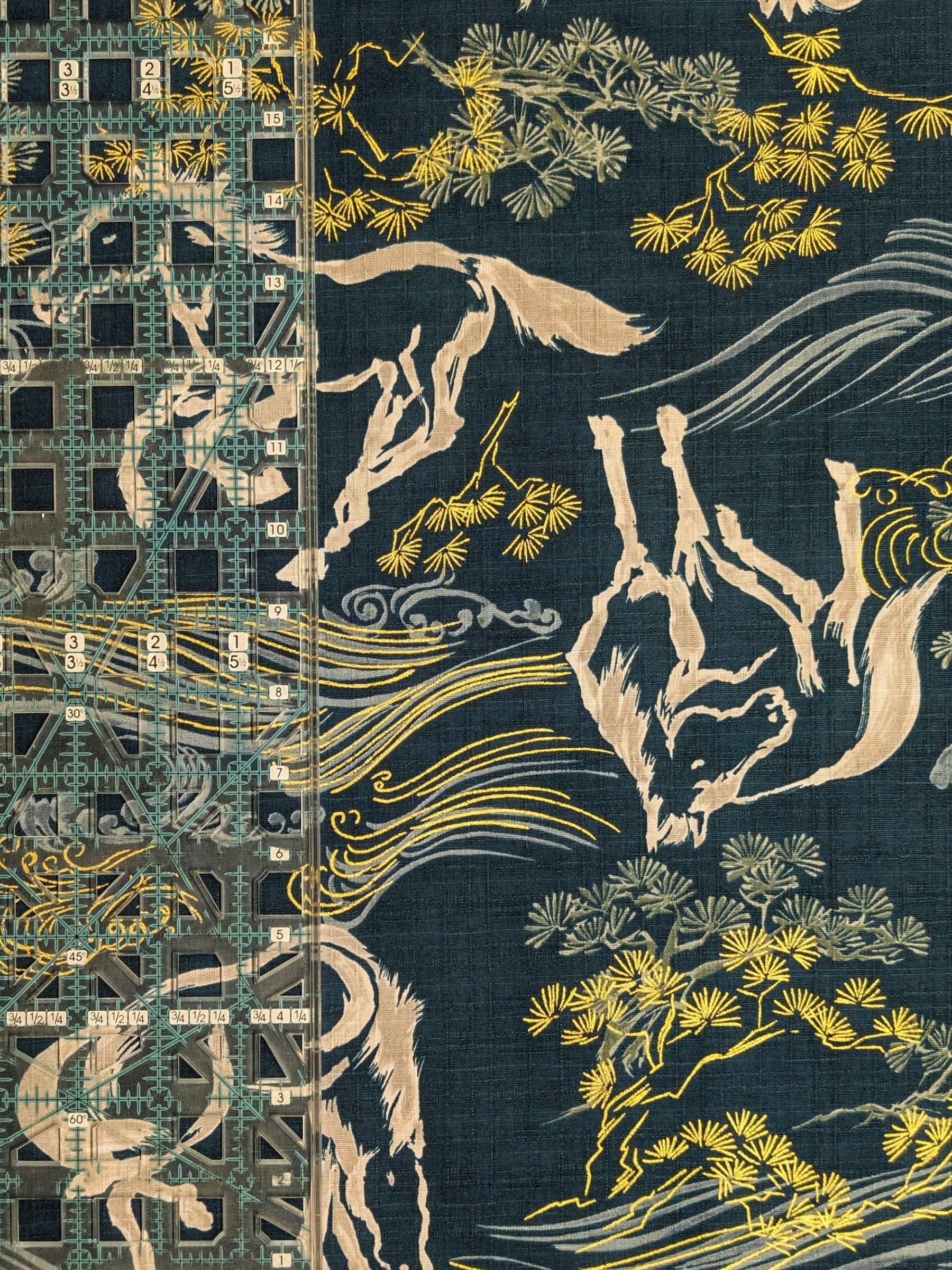 Hokkoh - Traditional Horses Cotton Dobby Fabric - Teal