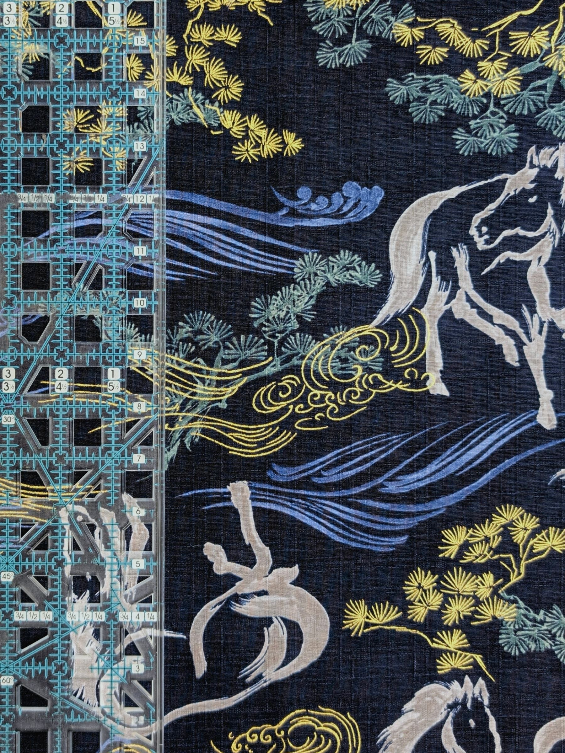Hokkoh - Traditional Horses Cotton Dobby Fabric - Blue