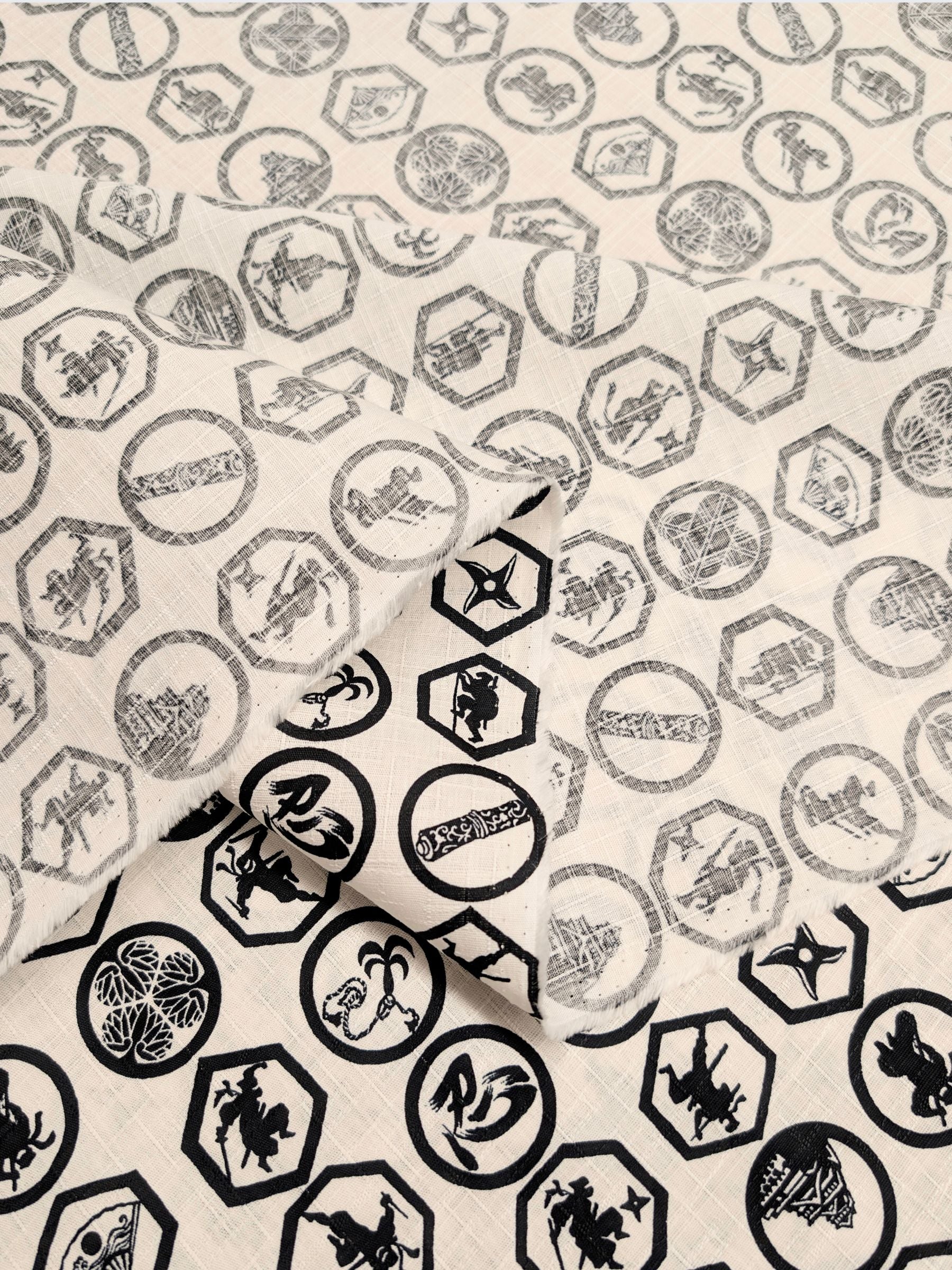 Hokkoh - Ninja Crests Cotton Dobby Fabric - White & Black