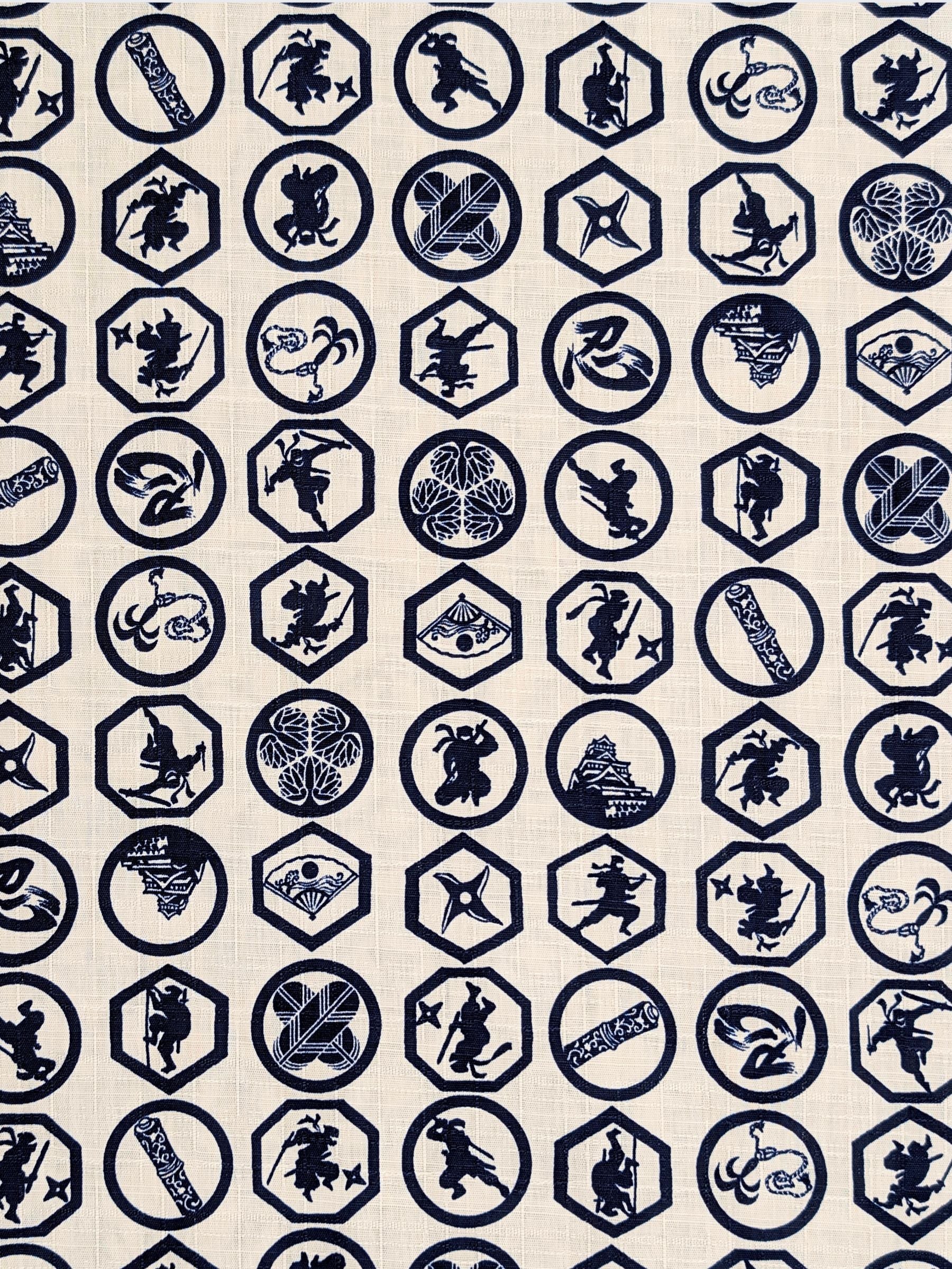 Hokkoh - Ninja Crests Cotton Dobby Fabric - White & Blue