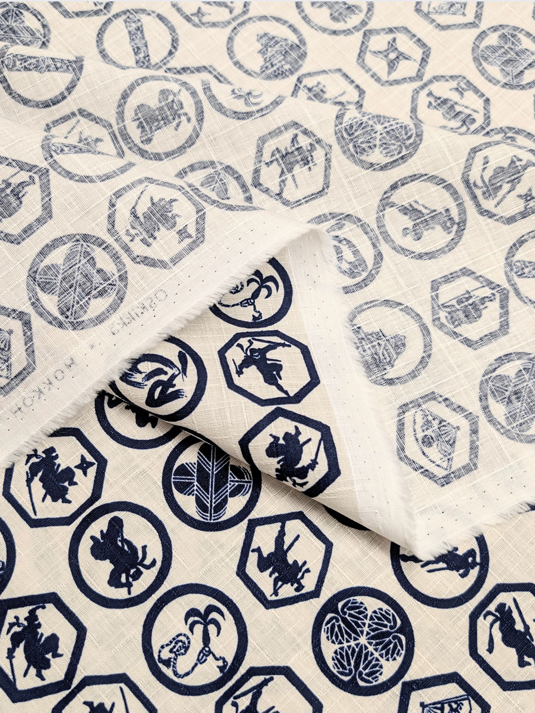 Hokkoh - Ninja Crests Cotton Dobby Fabric - White & Blue