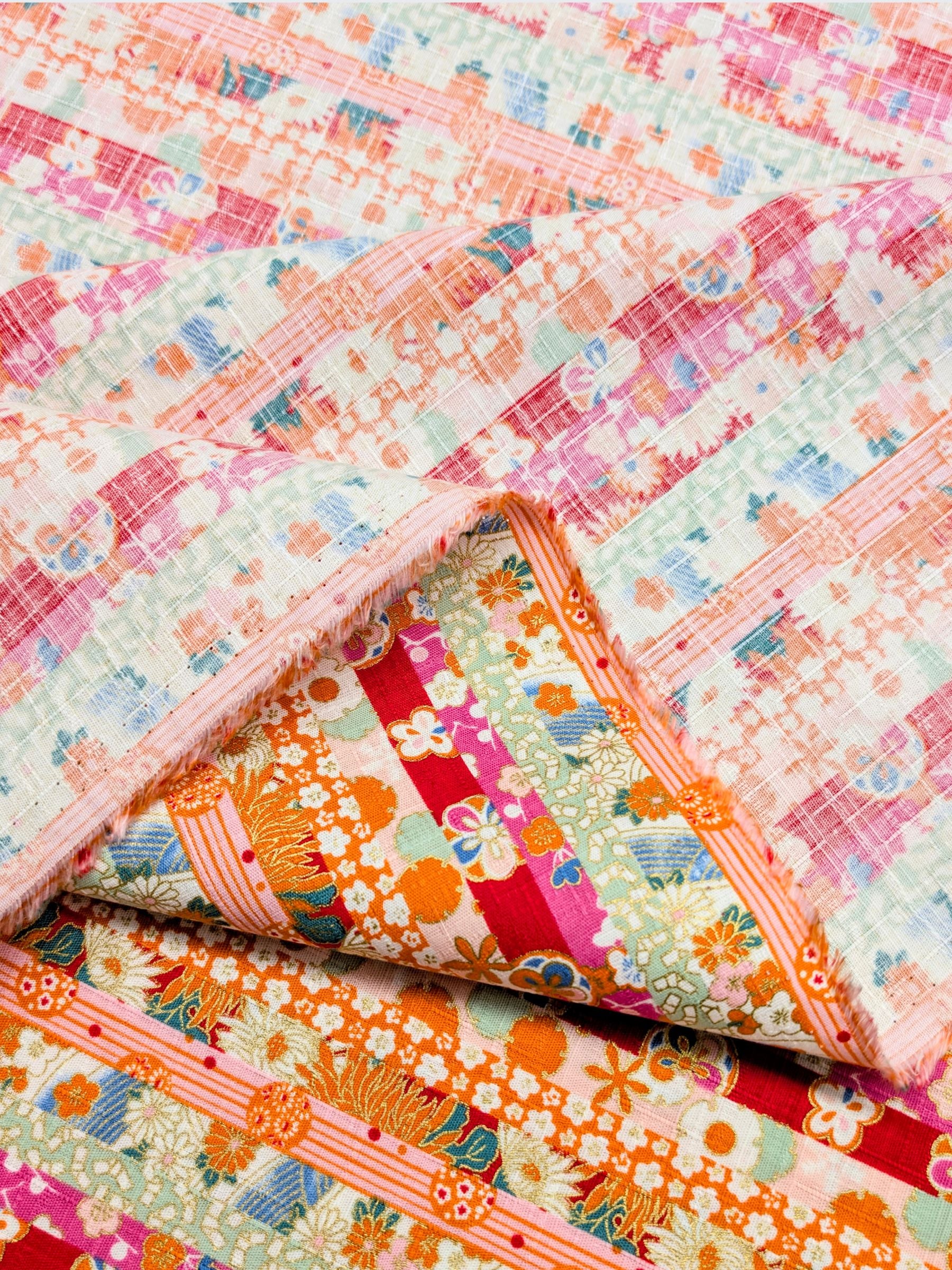 Hokkoh - Golden Floral Stripe Cotton Dobby Fabric - Red & Green