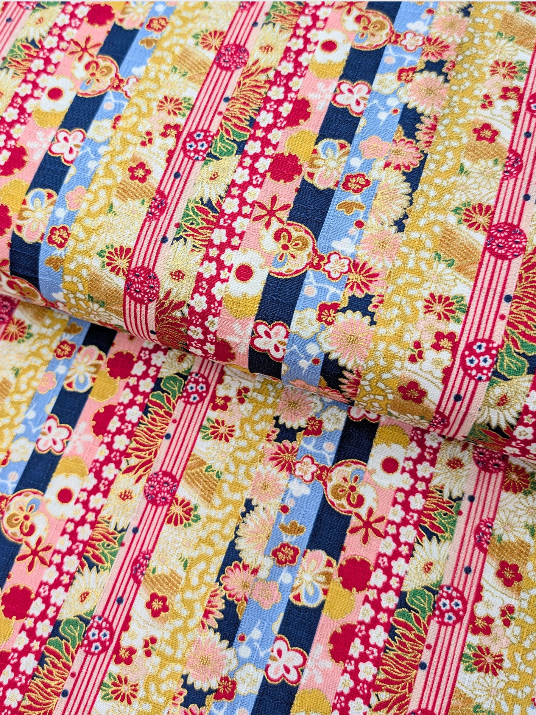 Hokkoh - Golden Floral Stripe Cotton Dobby Fabric - Blue & Yellow