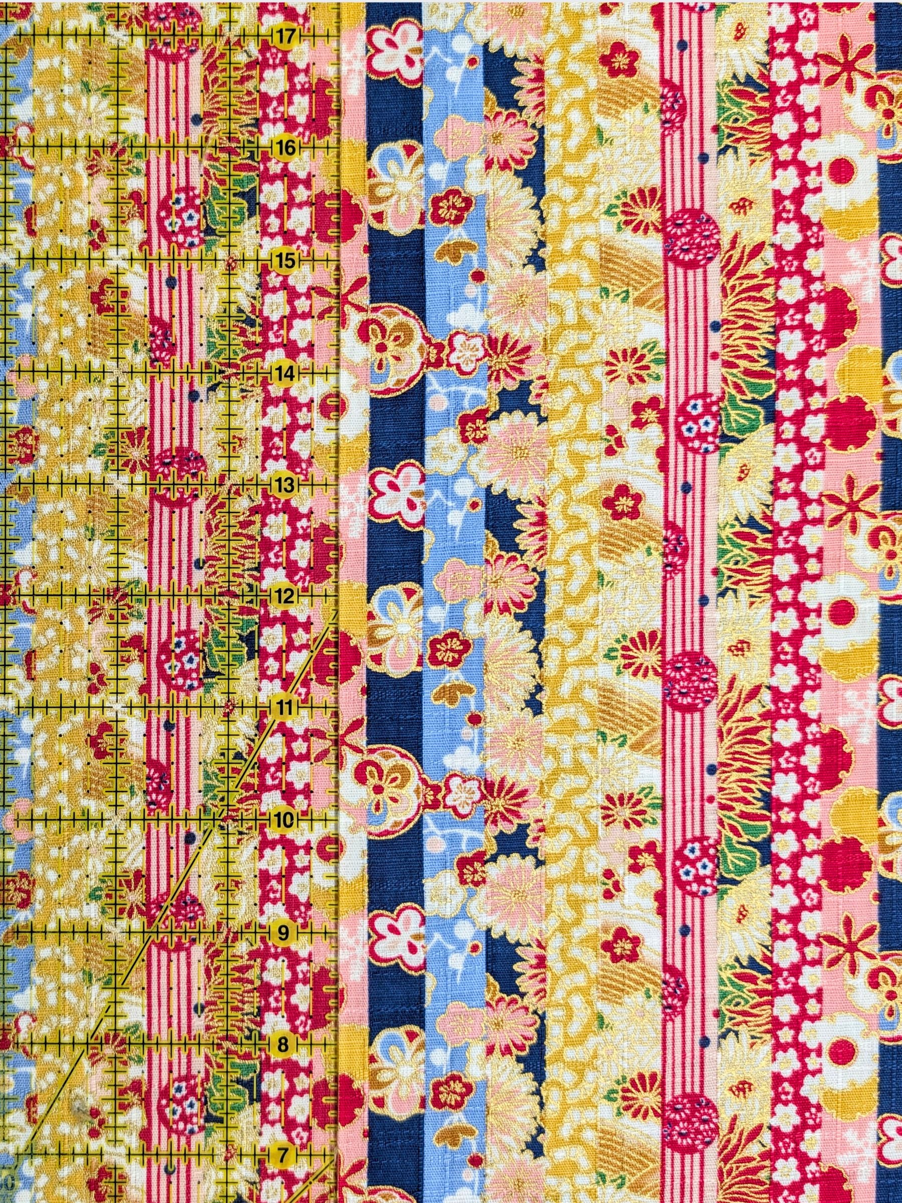 Hokkoh - Golden Floral Stripe Cotton Dobby Fabric - Blue & Yellow