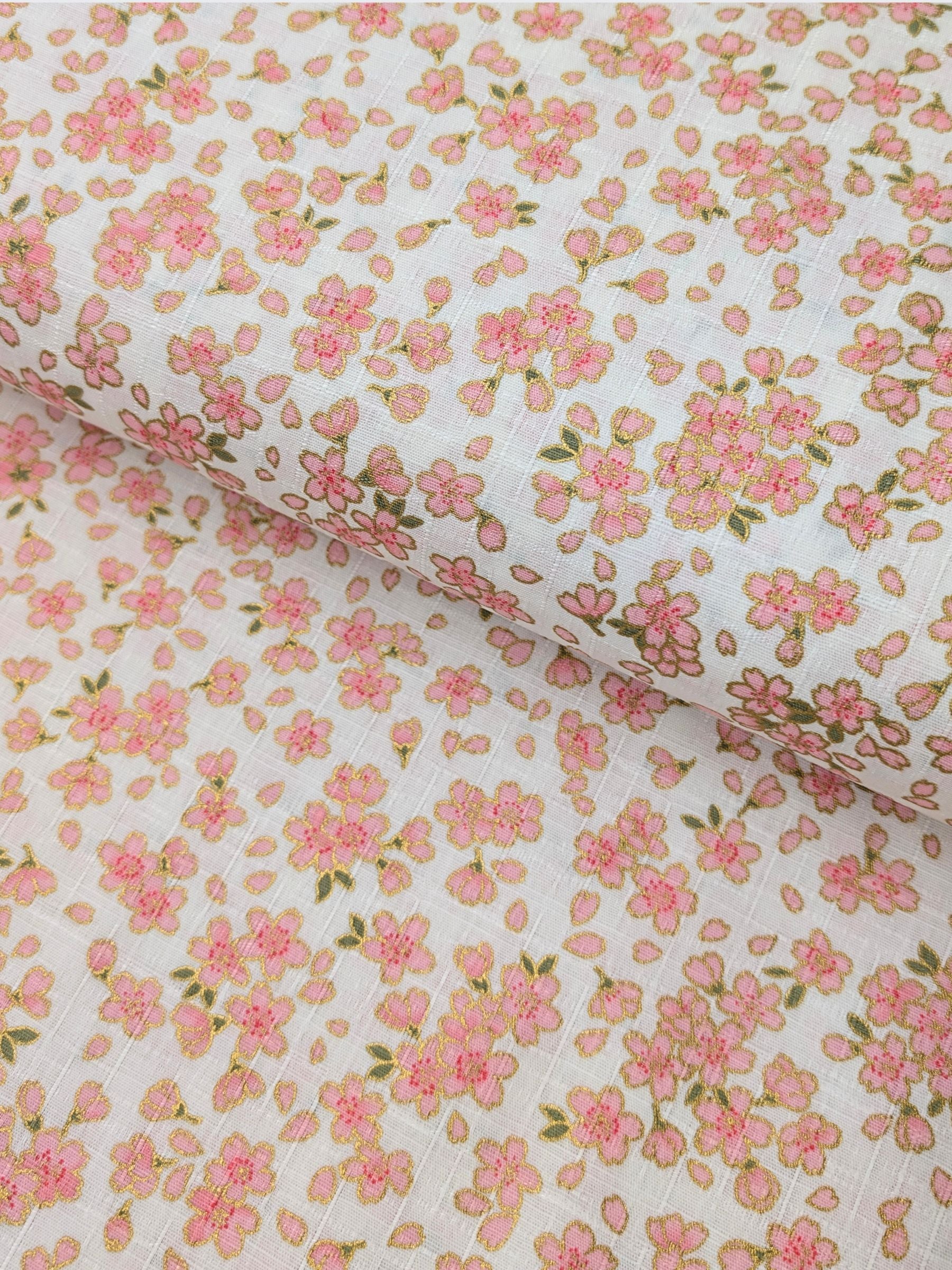 Hokkoh - Tiny Golden Cherry Blossoms Cotton Dobby Fabric - White