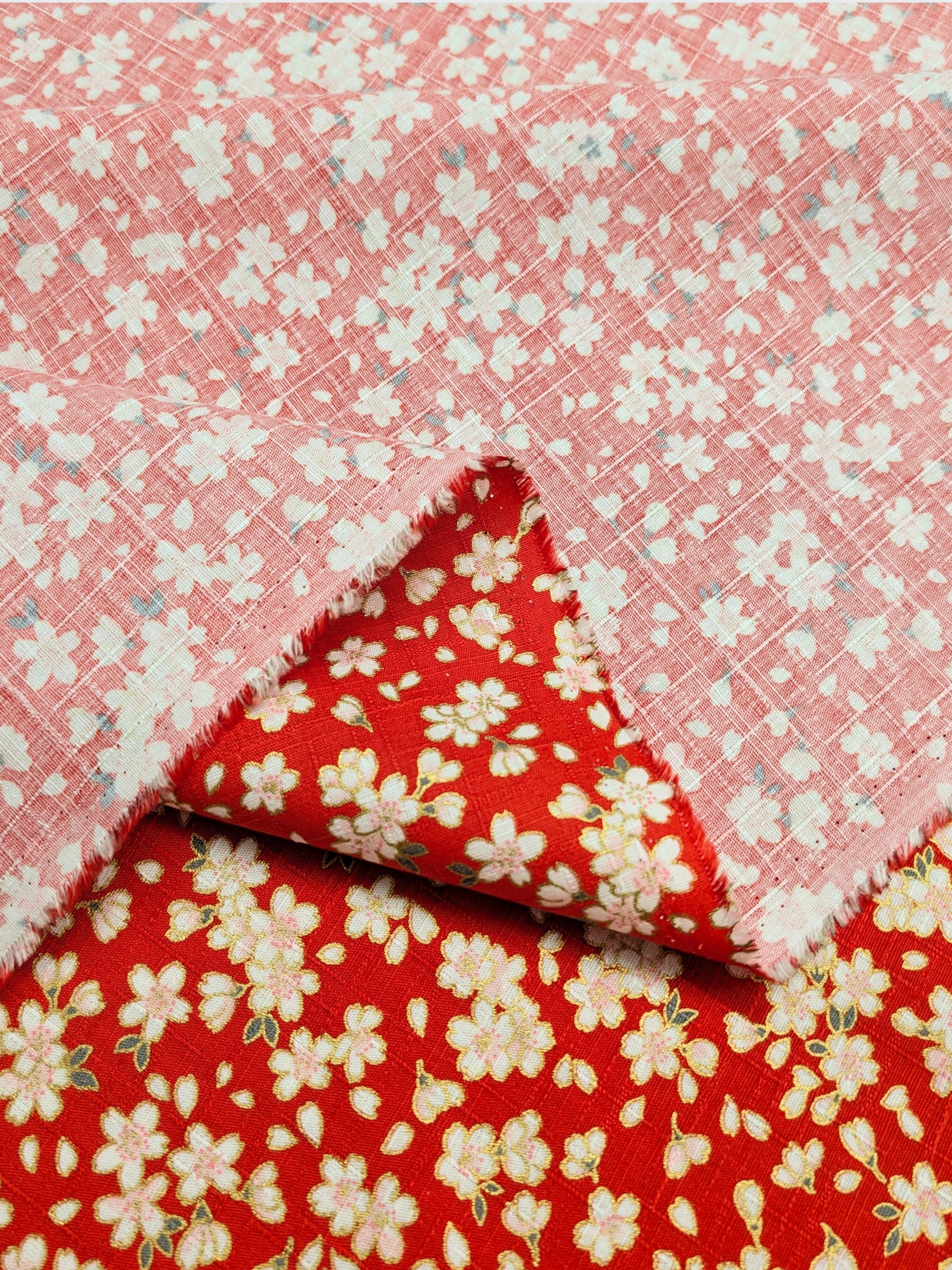 Hokkoh - Tiny Golden Cherry Blossoms Cotton Dobby Fabric - Red