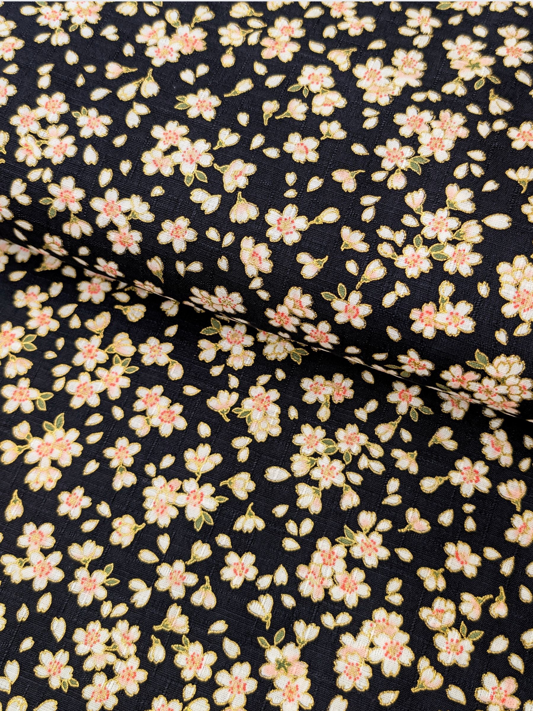 Hokkoh - Tiny Golden Cherry Blossoms Cotton Dobby Fabric - Black