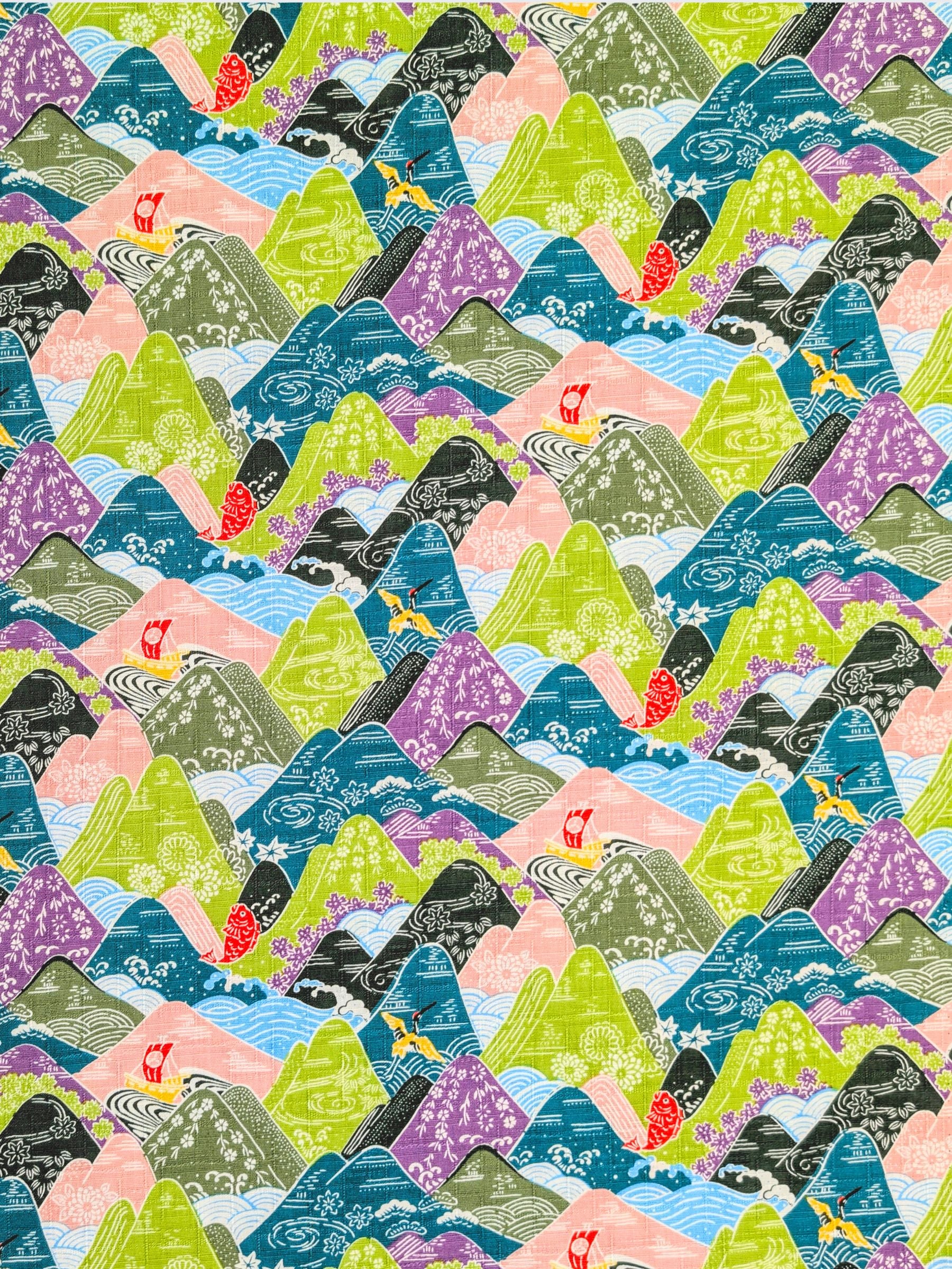 Hokkoh - Colorful Mountains Cotton Dobby Fabric - Green & Blue