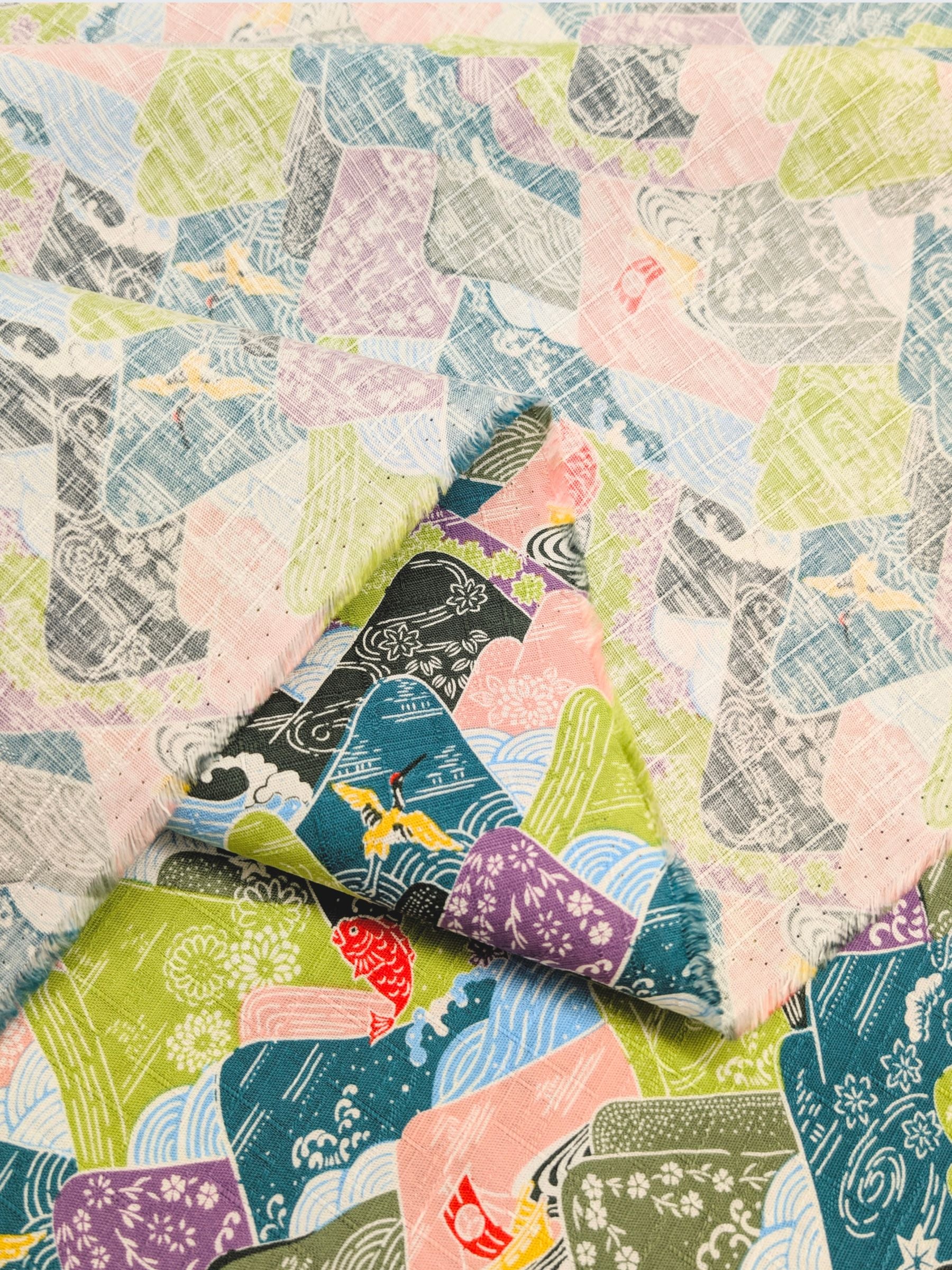 Hokkoh - Colorful Mountains Cotton Dobby Fabric - Green & Blue