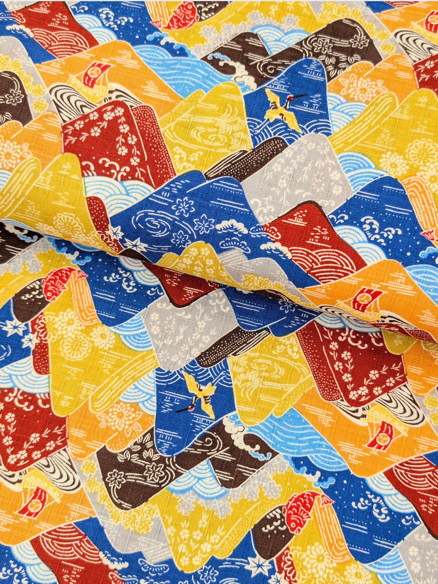 Hokkoh - Colorful Mountains Cotton Dobby Fabric - Yellow & Blue