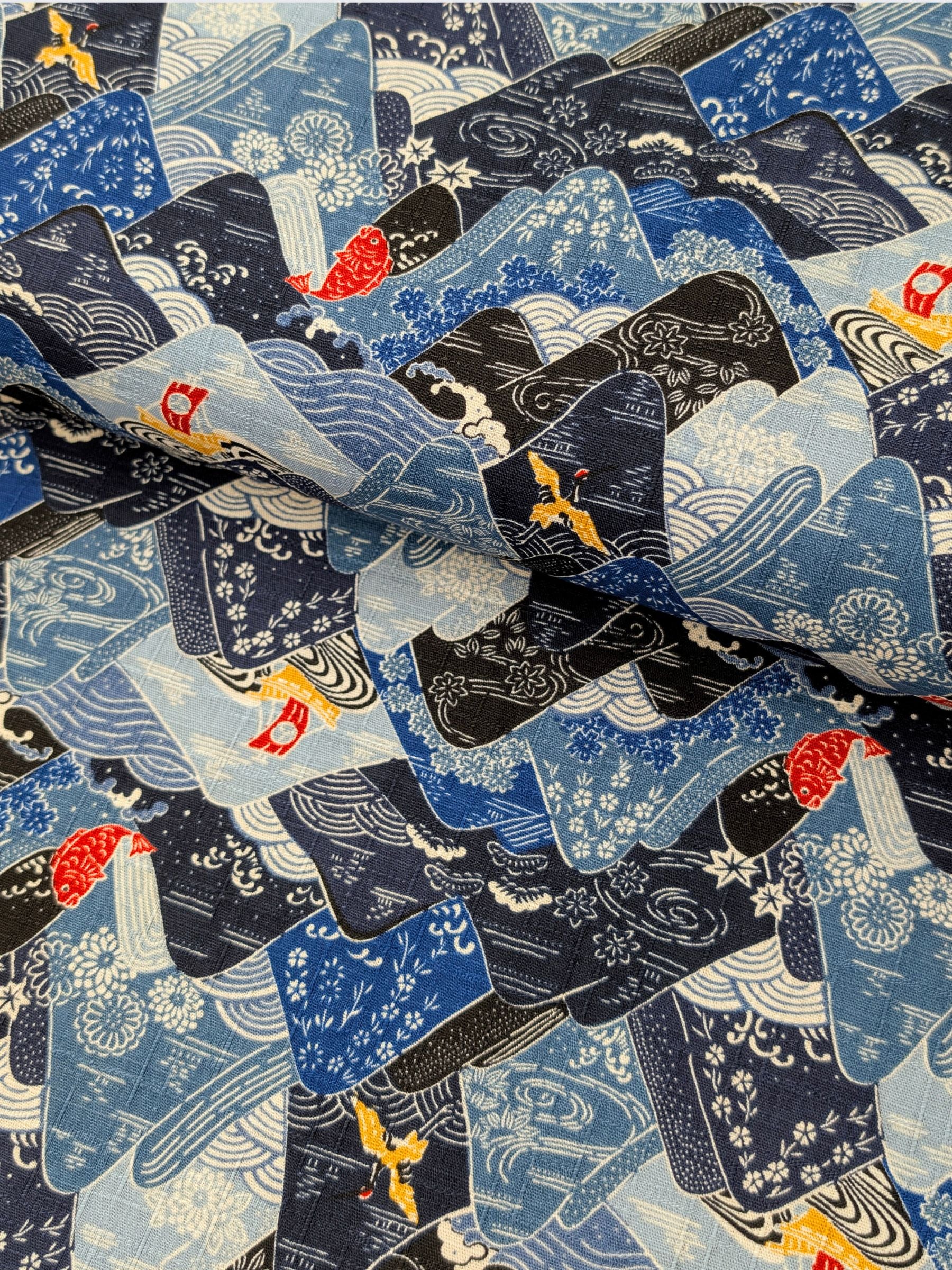 Hokkoh - Colorful Mountains Cotton Dobby Fabric - Gray & Blue