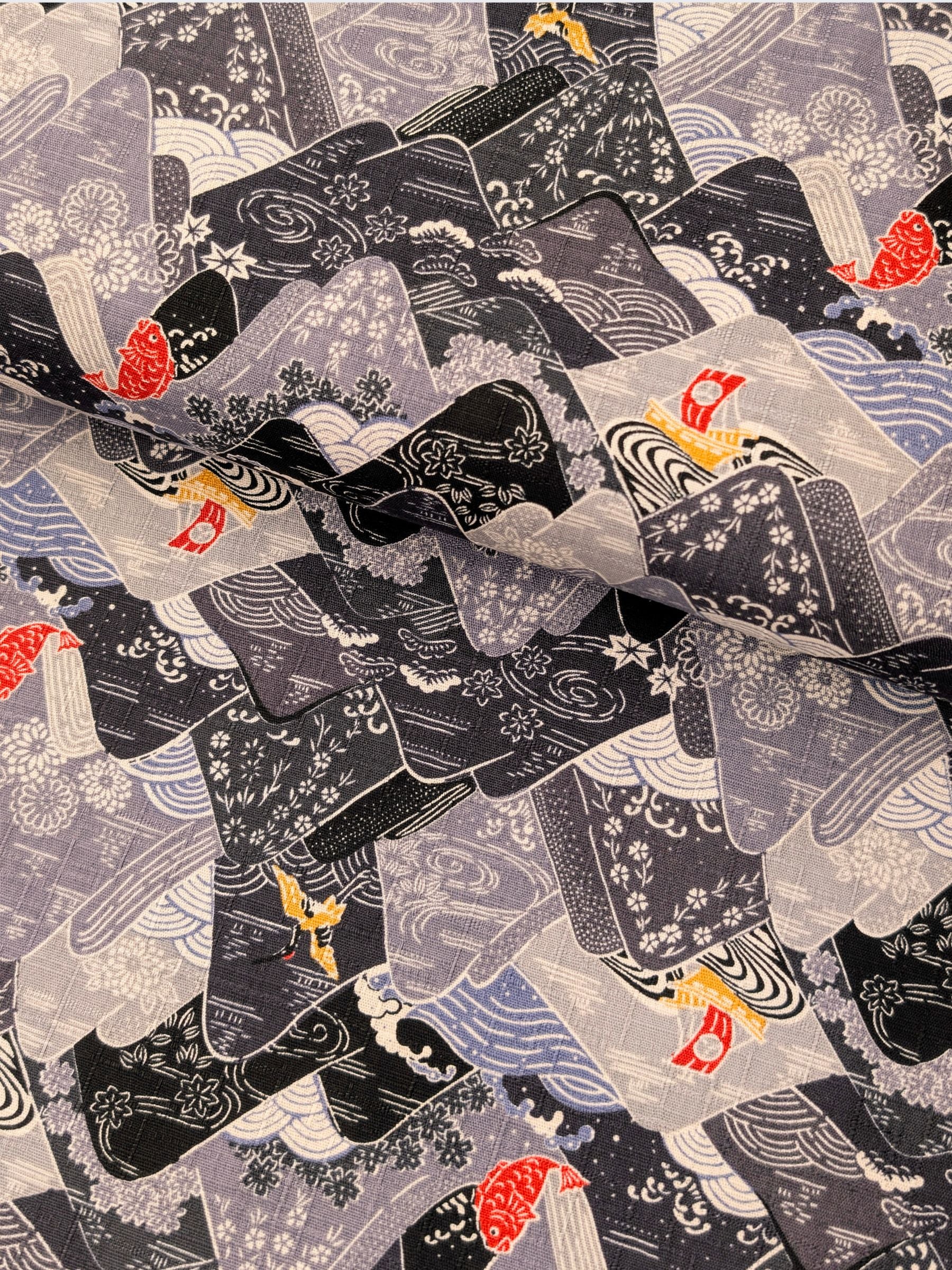 Hokkoh - Colorful Mountains Cotton Dobby Fabric - Gray & Black