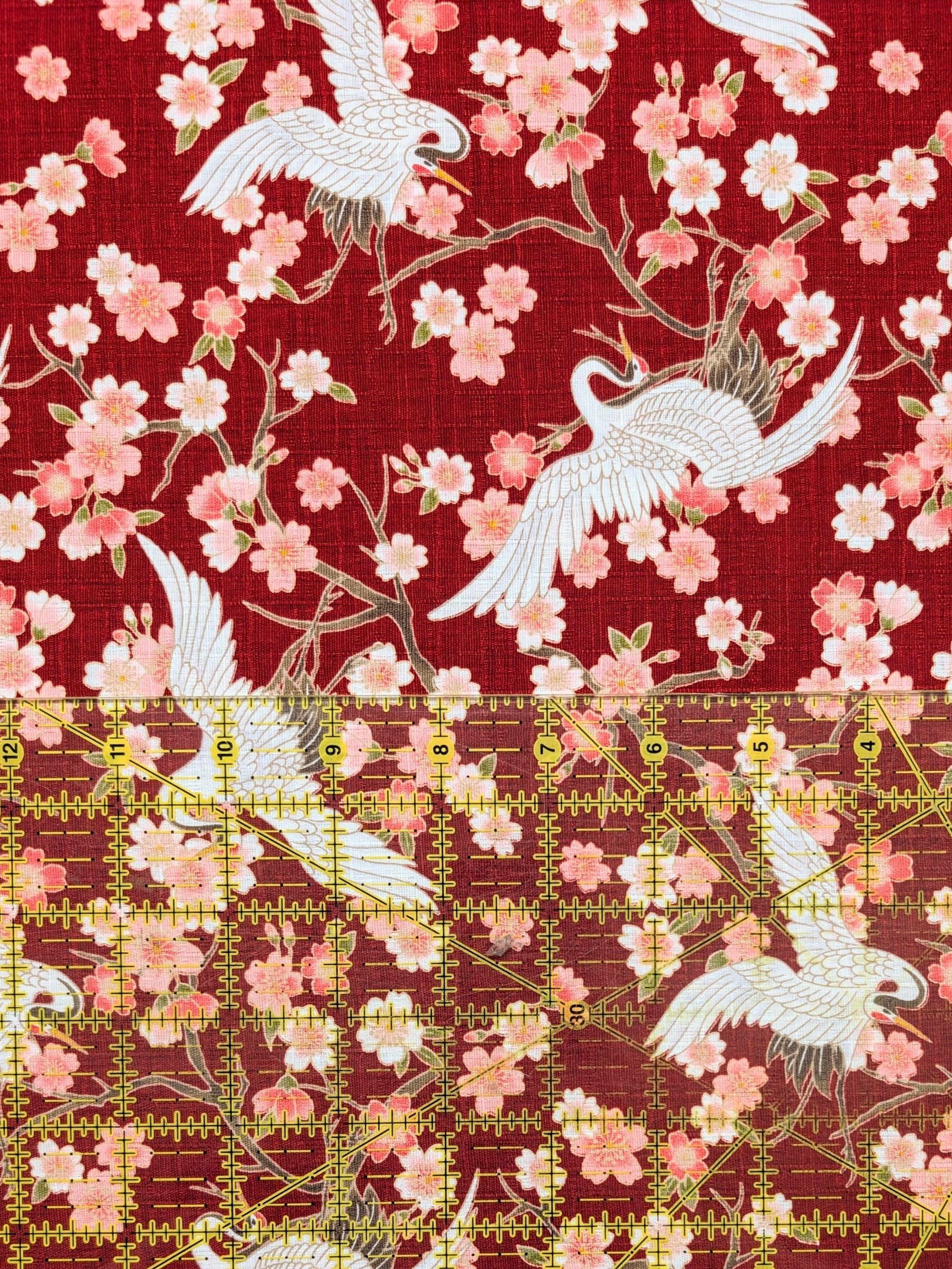 Hishiei - Cranes and Cherry Blossoms Cotton Dobby Fabric - Red