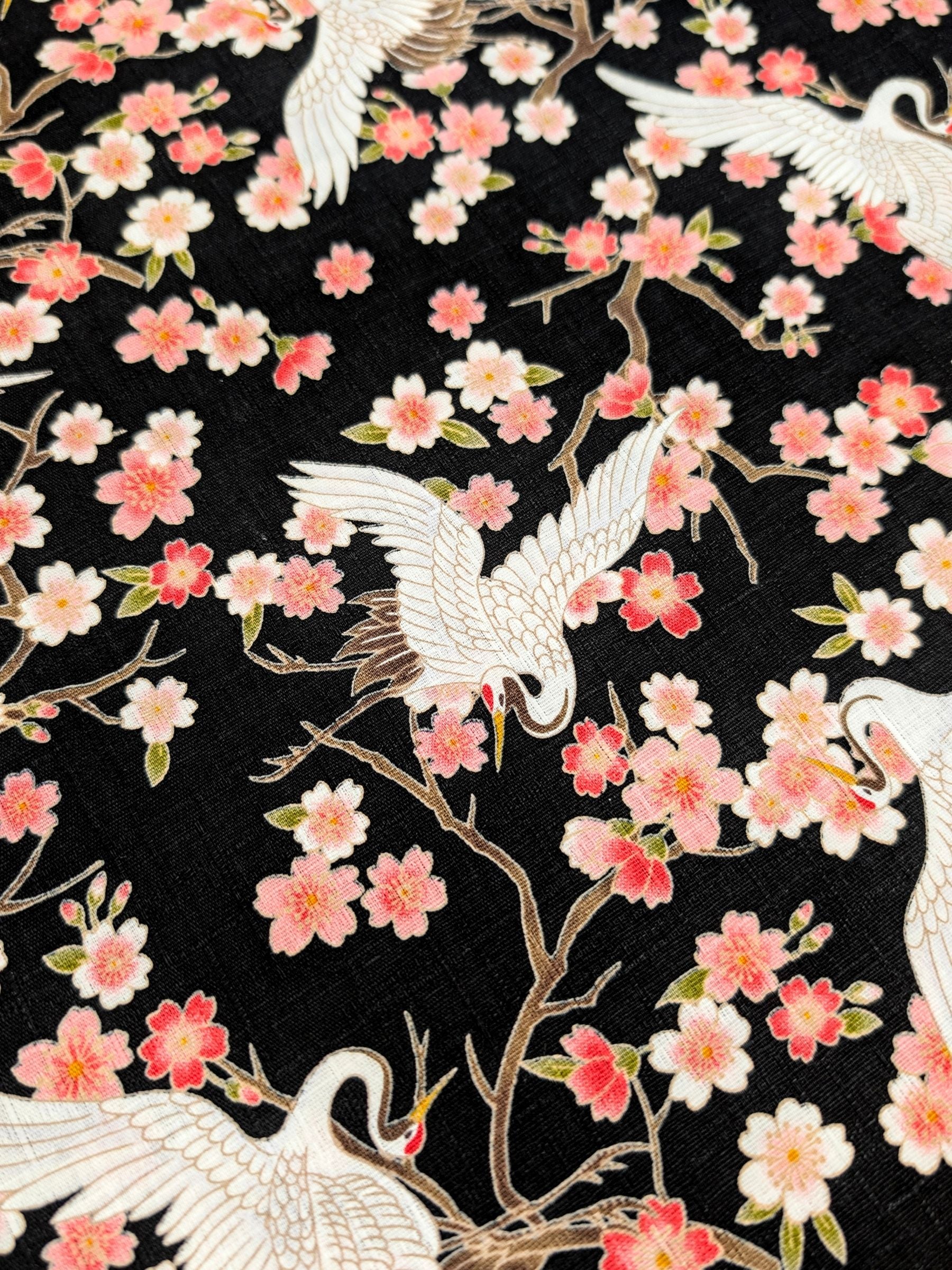 Hishiei - Cranes and Cherry Blossoms Cotton Dobby Fabric - Black