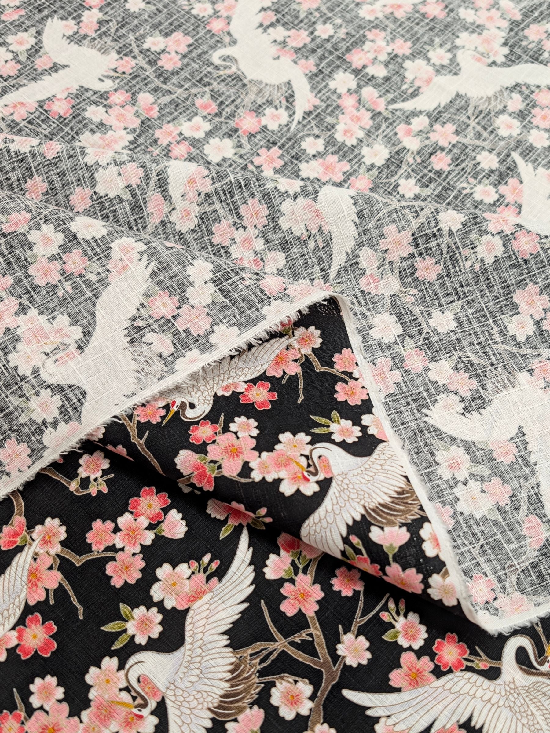 Hishiei - Cranes and Cherry Blossoms Cotton Dobby Fabric - Black