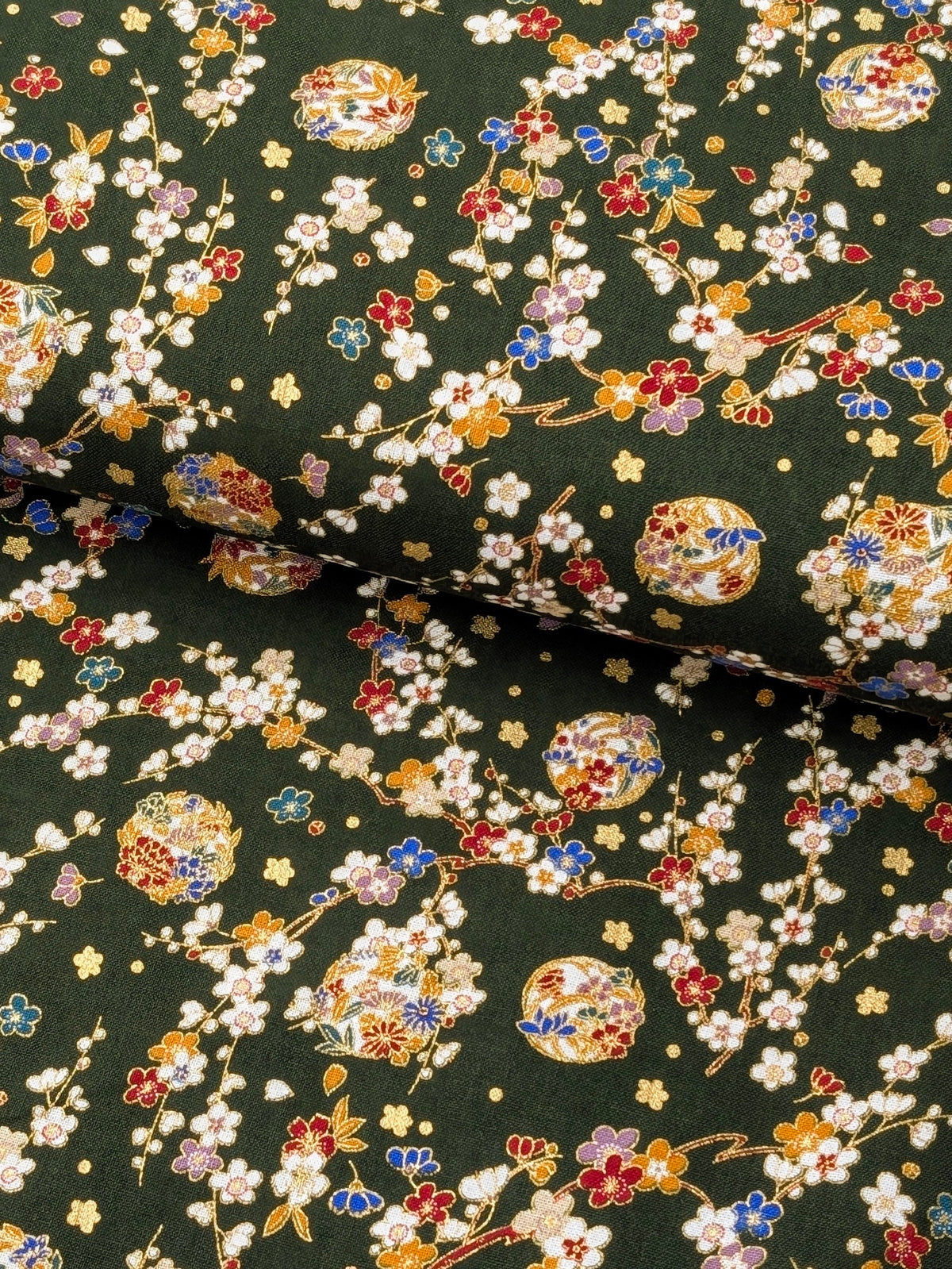 Naka - Metallic Cherry Blossom Circles Cotton Sheeting Fabric - Green