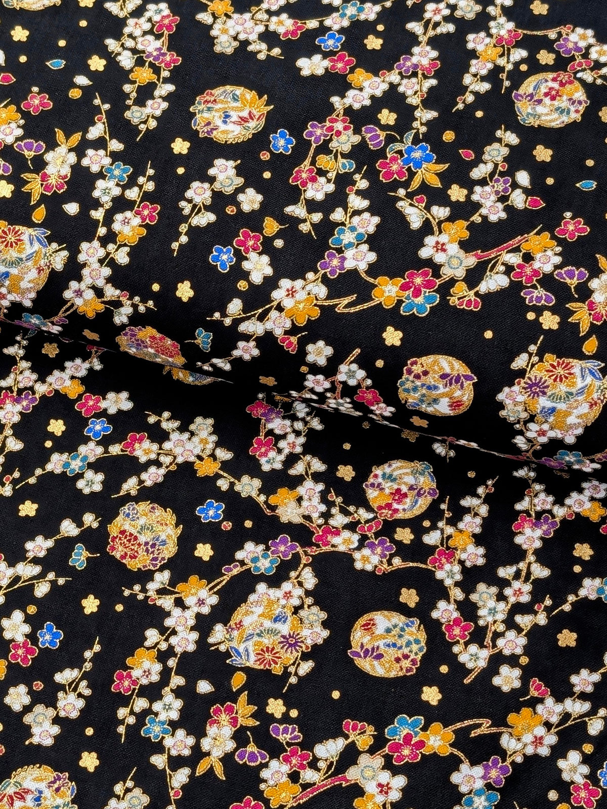 Naka - Metallic Cherry Blossom Circles Cotton Sheeting Fabric - Black