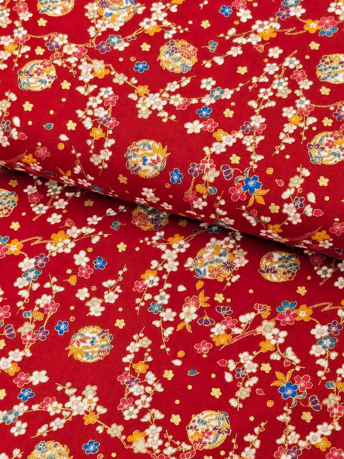 Naka - Metallic Cherry Blossom Circles Cotton Sheeting Fabric - Red