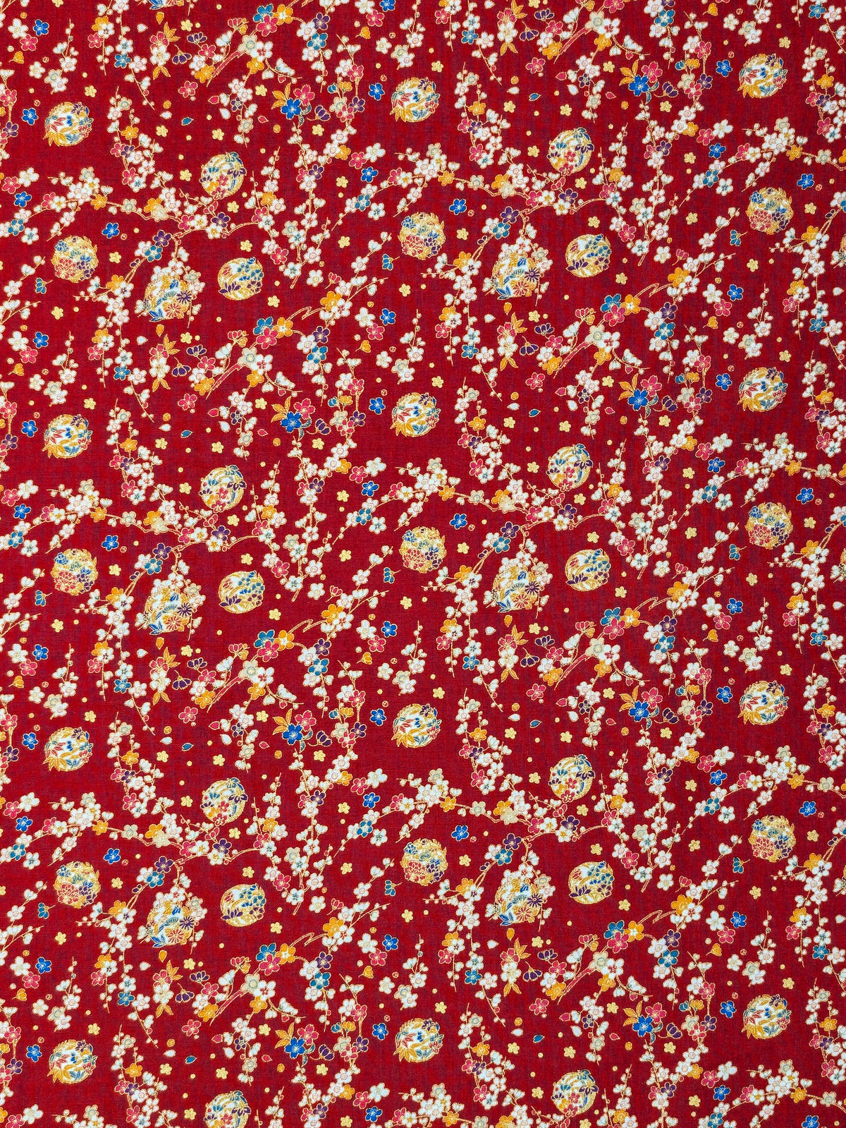 Naka - Metallic Cherry Blossom Circles Cotton Sheeting Fabric - Red