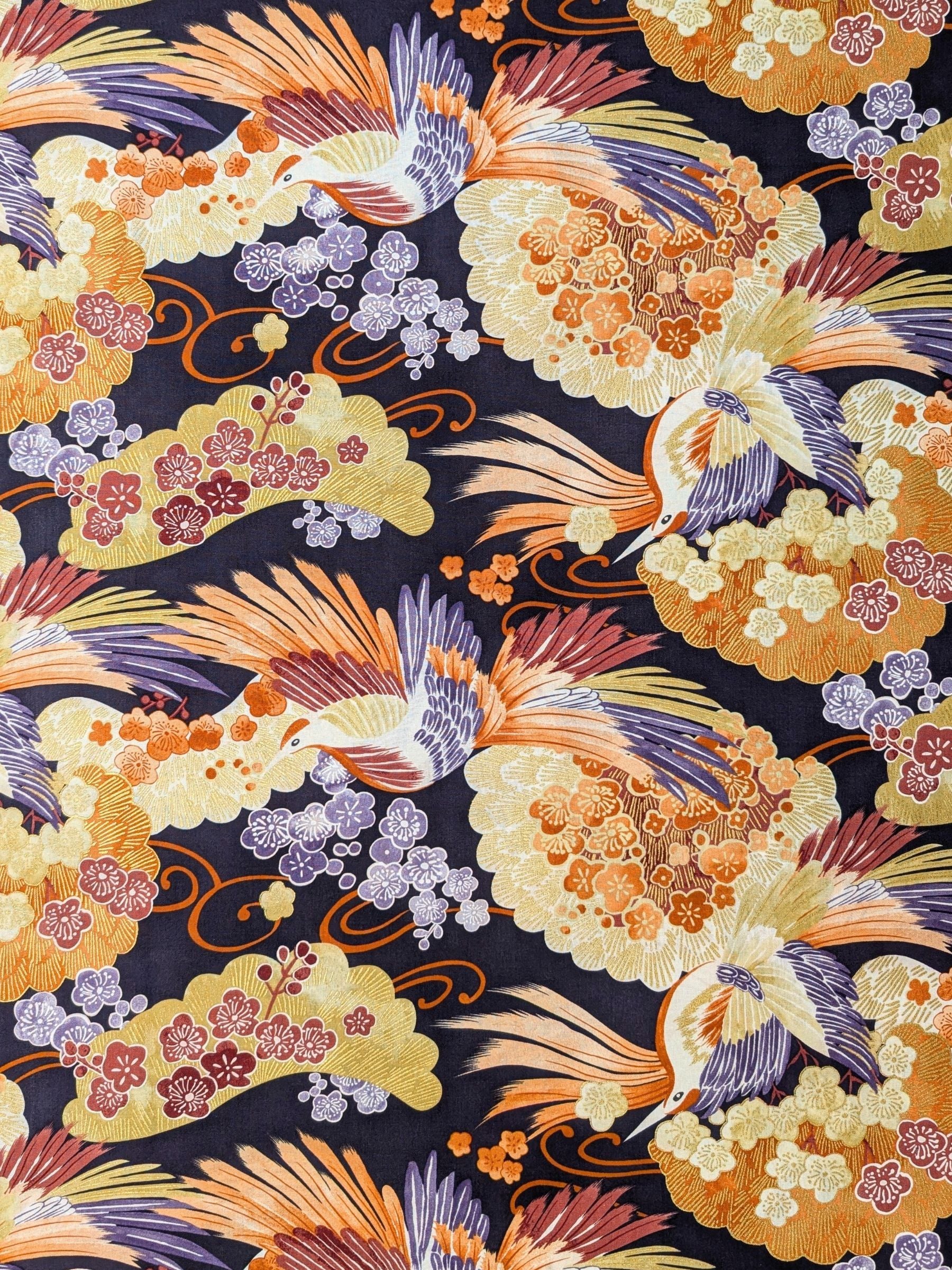Naka - Golden Feathered Birds Cotton Sheeting Fabric - Purple