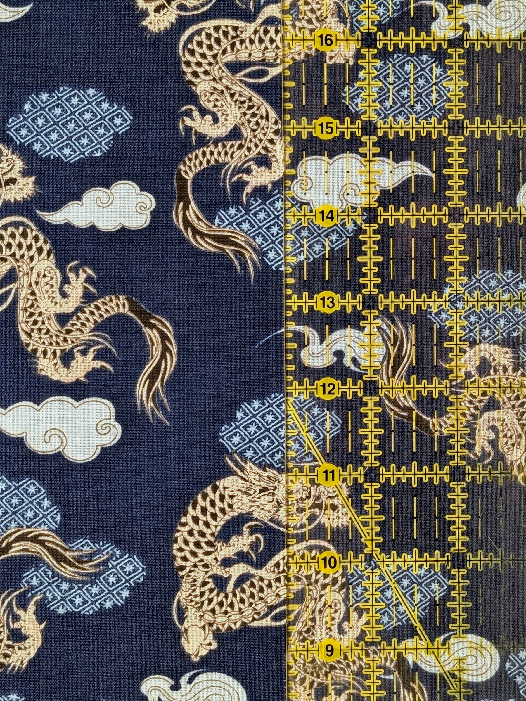 Asano - Japanese Dragon with Patterned Clouds Cotton Sheeting Fabric - Blue
