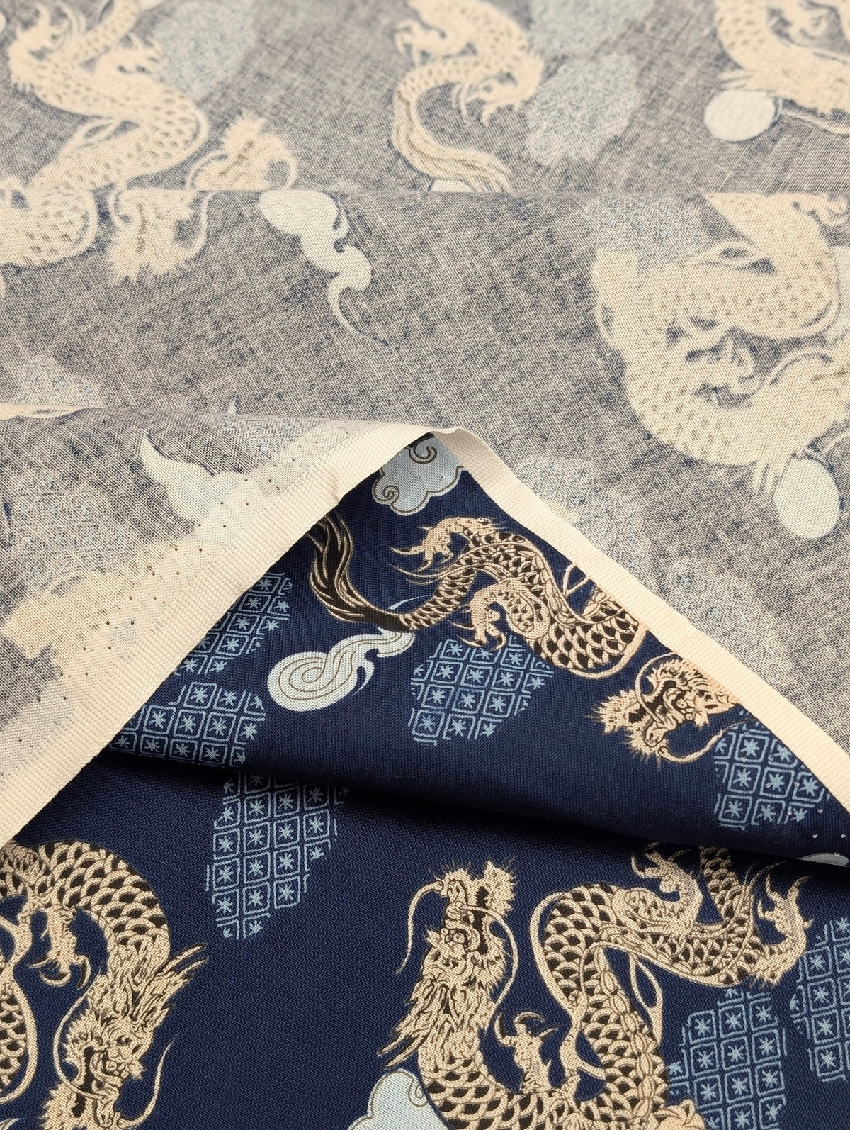 Asano - Japanese Dragon with Patterned Clouds Cotton Sheeting Fabric - Blue