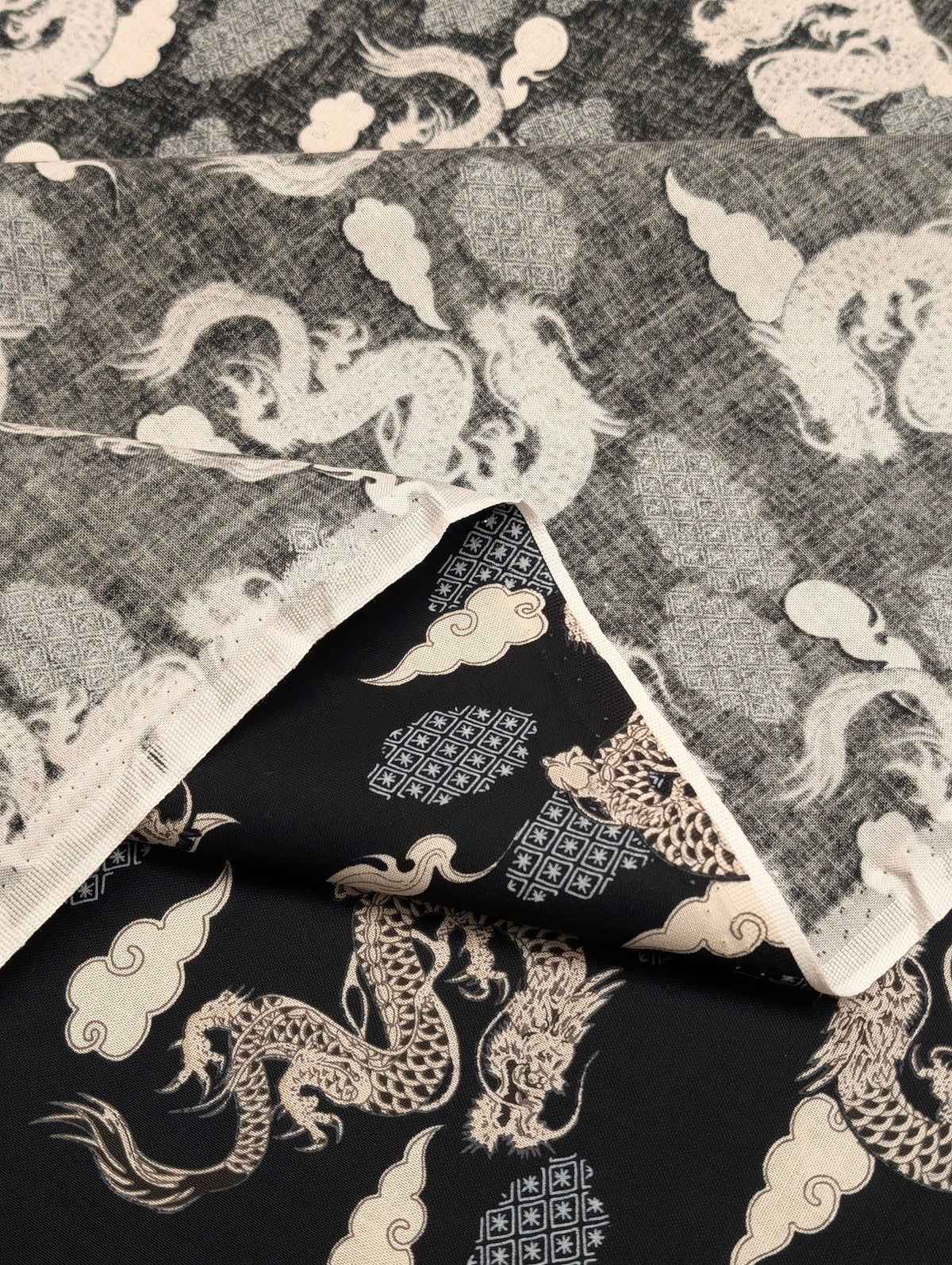 Asano - Japanese Dragon with Patterned Clouds Cotton Sheeting Fabric - Black