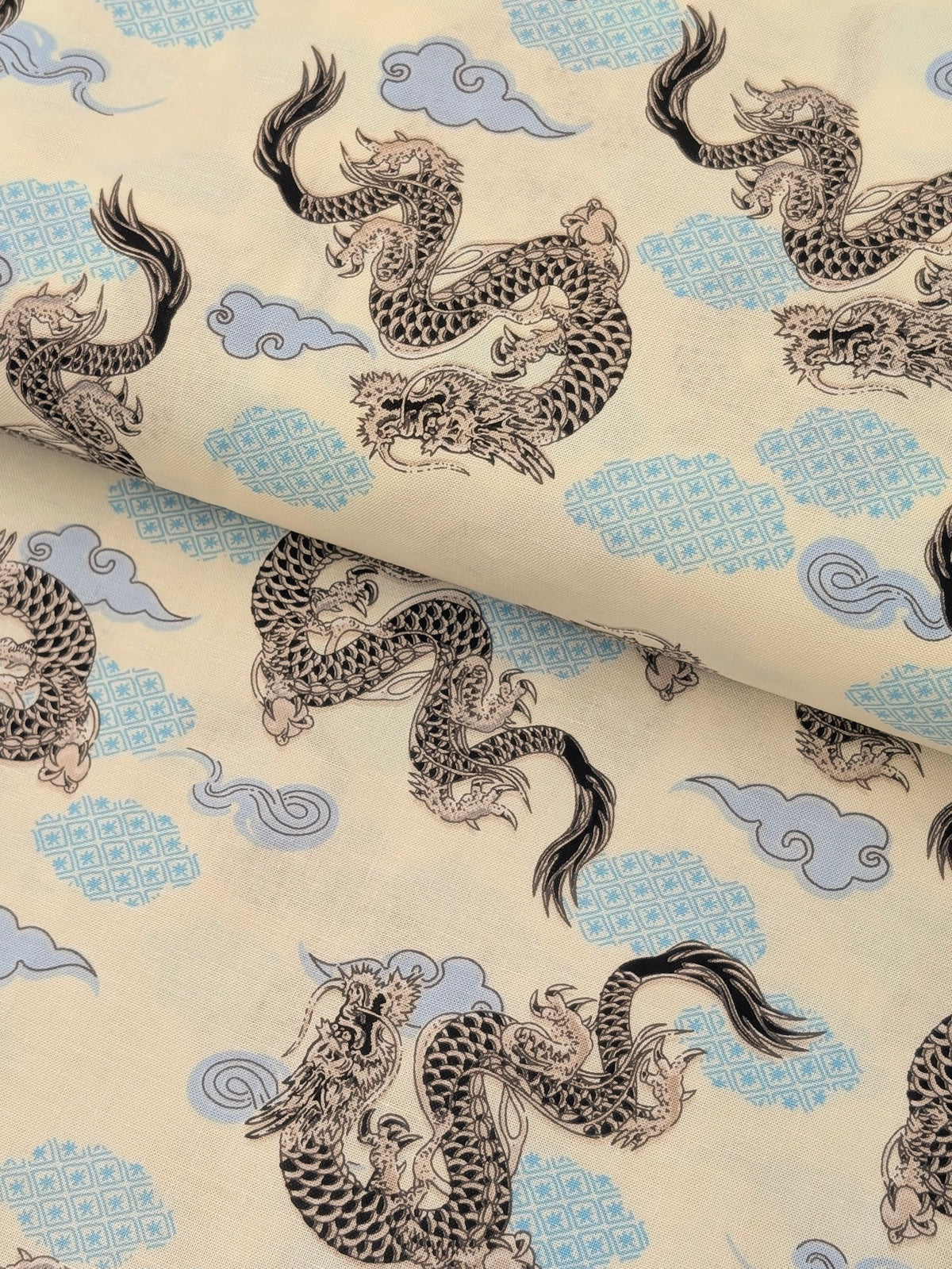 Asano - Japanese Dragon with Patterned Clouds Cotton Sheeting Fabric - Beige