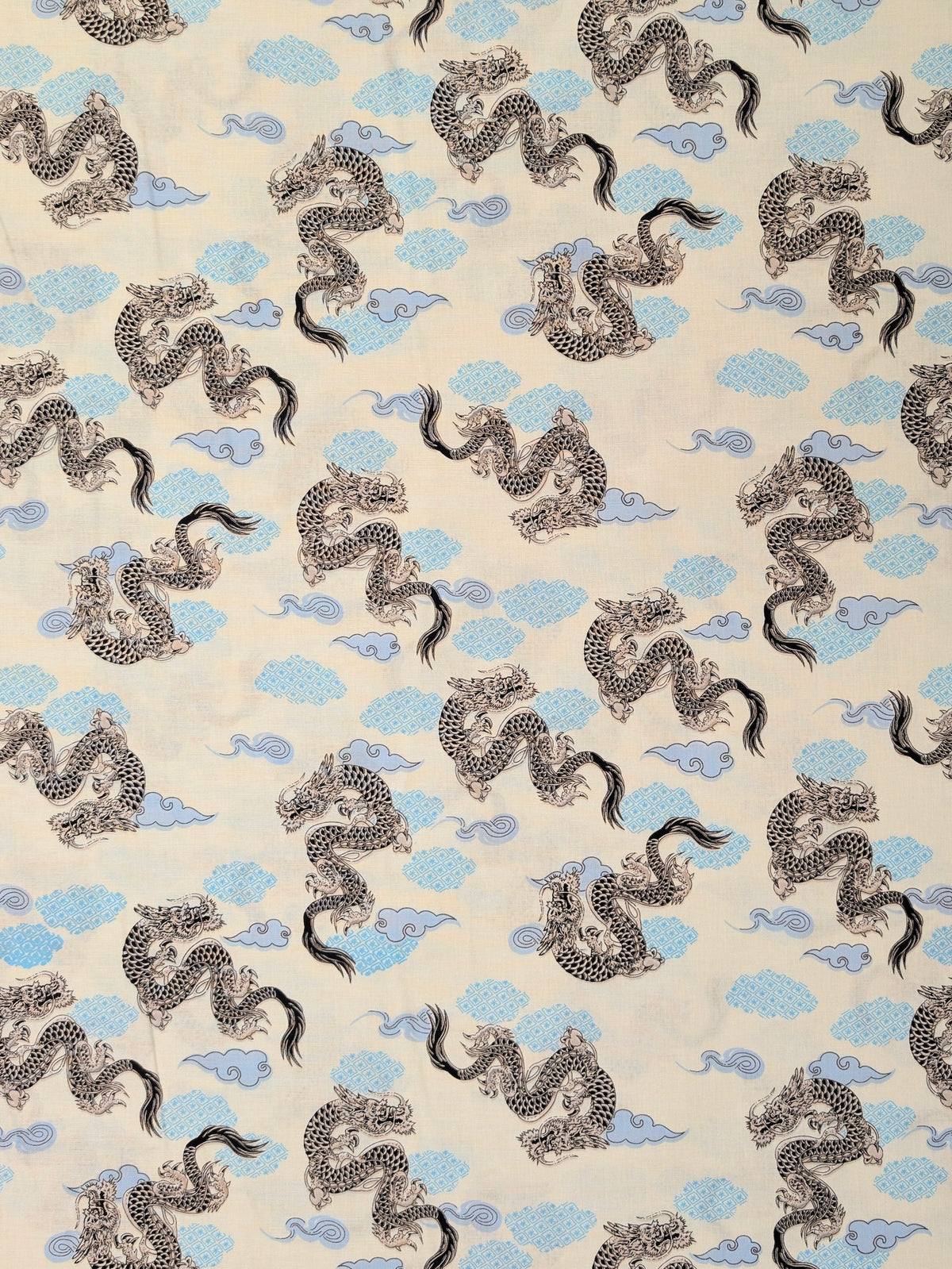 Asano - Japanese Dragon with Patterned Clouds Cotton Sheeting Fabric - Beige