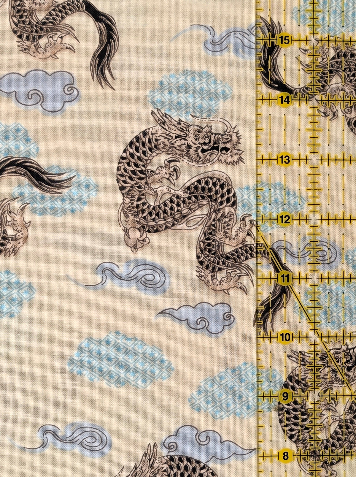 Asano - Japanese Dragon with Patterned Clouds Cotton Sheeting Fabric - Beige