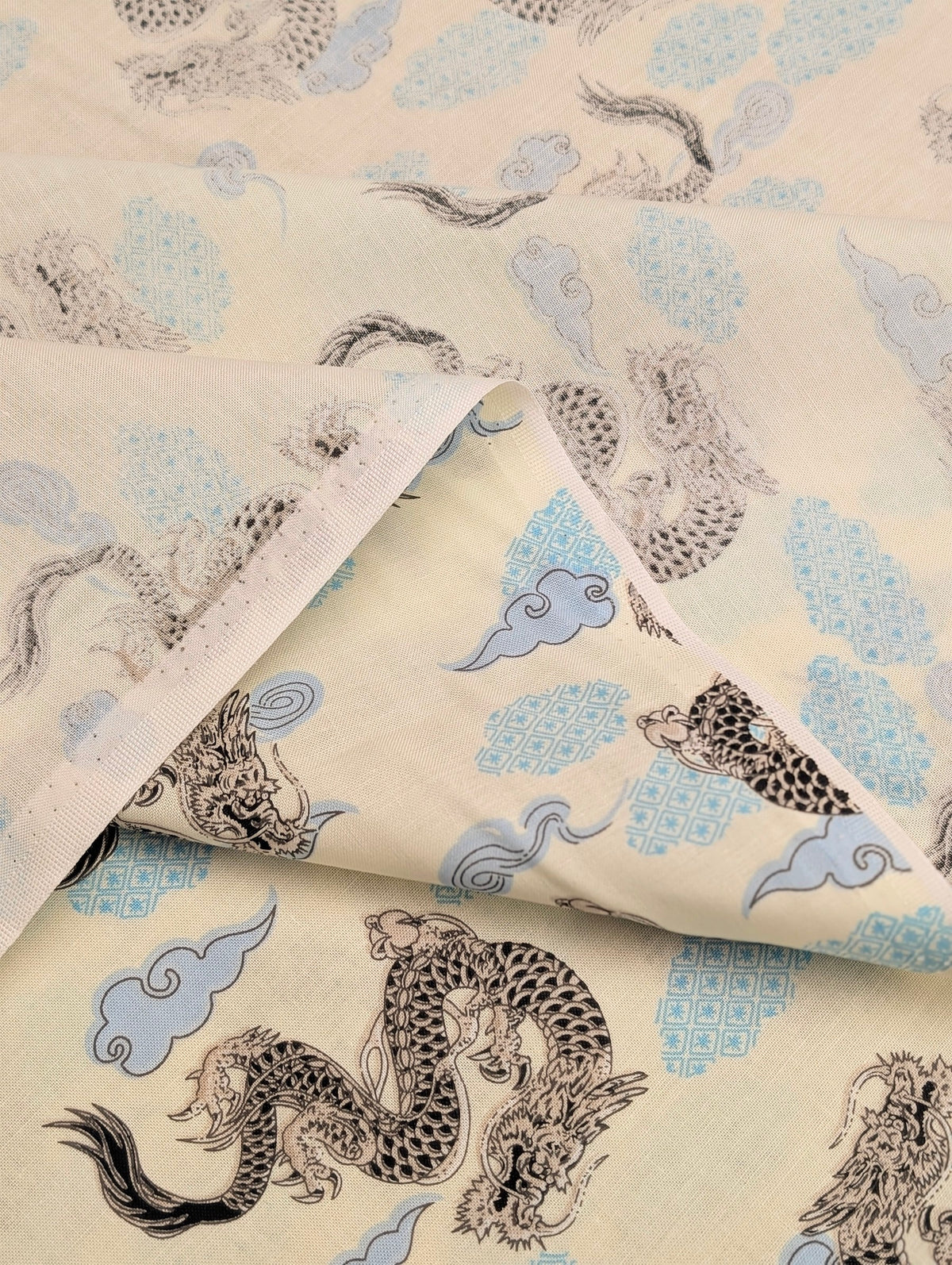 Asano - Japanese Dragon with Patterned Clouds Cotton Sheeting Fabric - Beige