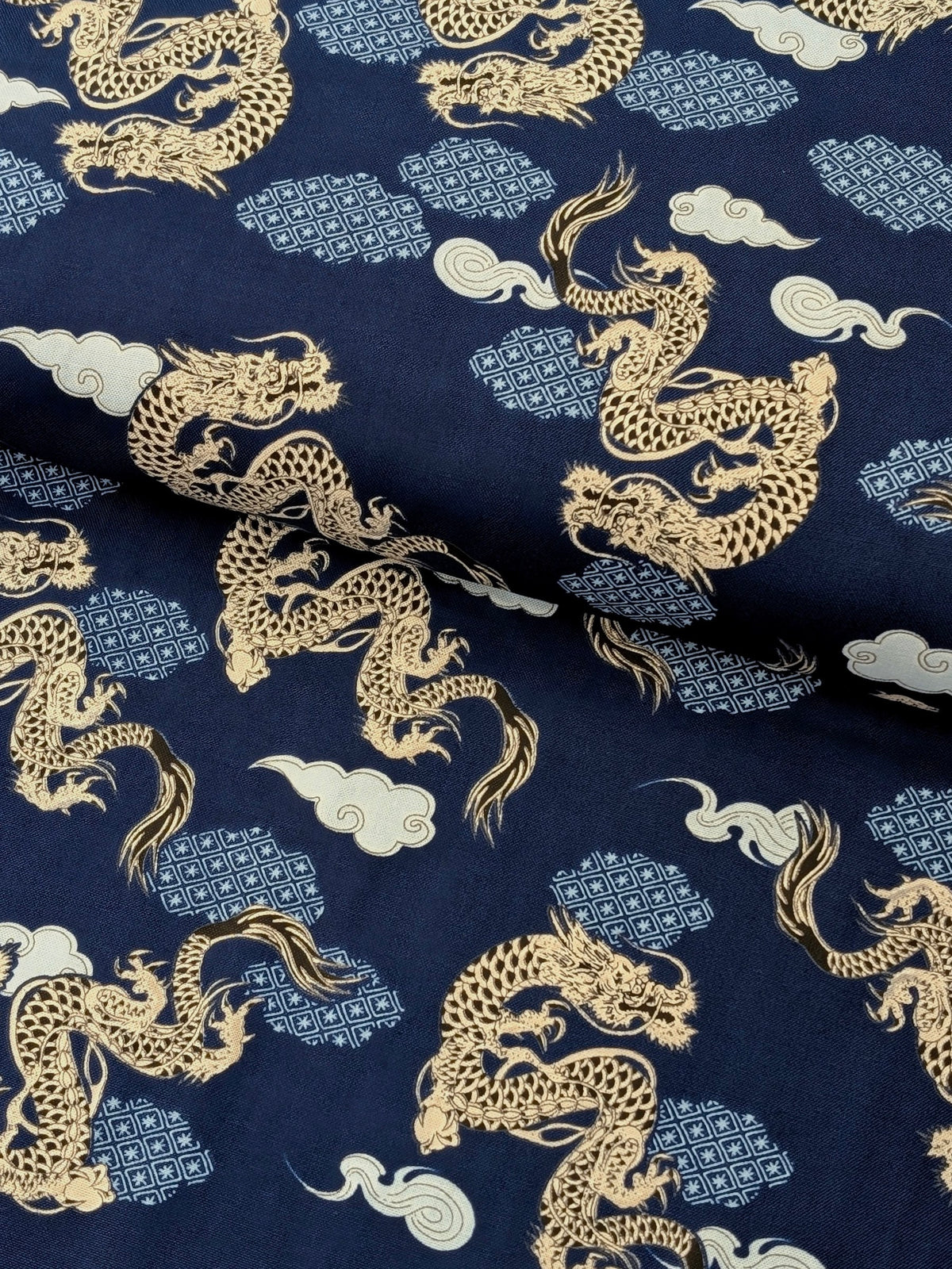 Asano - Japanese Dragon with Patterned Clouds Cotton Sheeting Fabric - Blue
